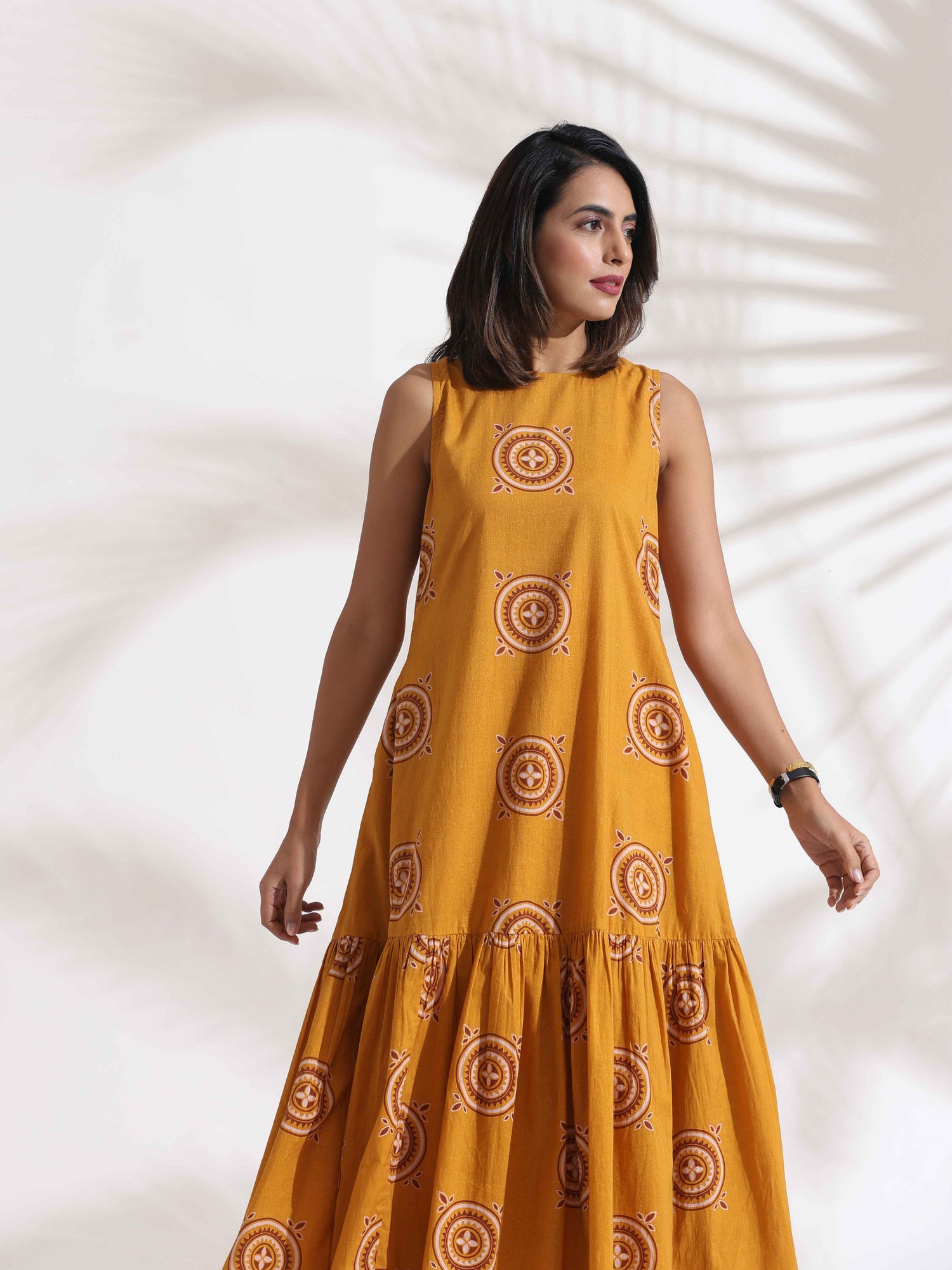 trueBrowns Mustard Cotton Print Tier Dress