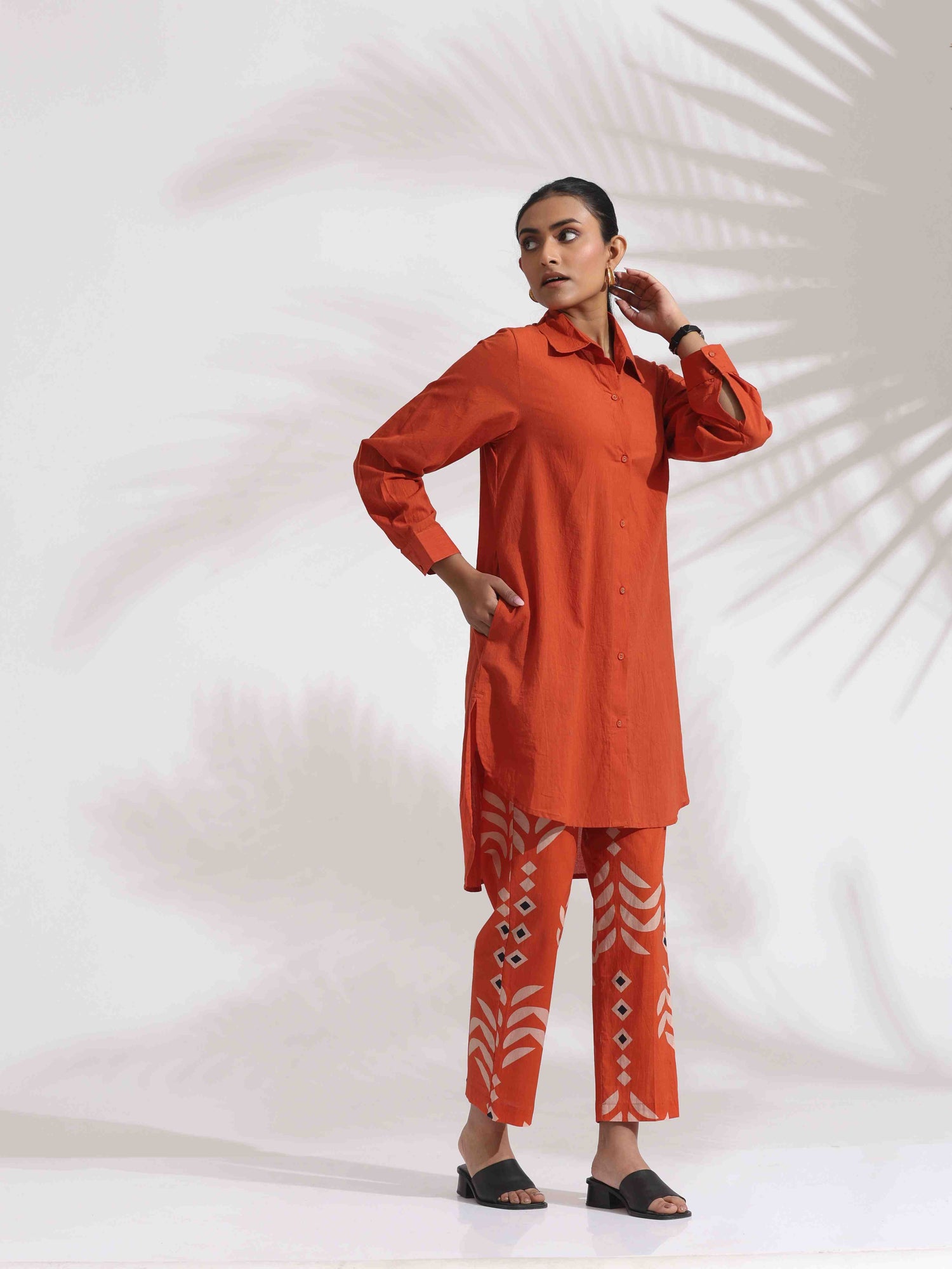 trueBrowns Orange Cotton Solid Shirt Kurta Co-ord Set