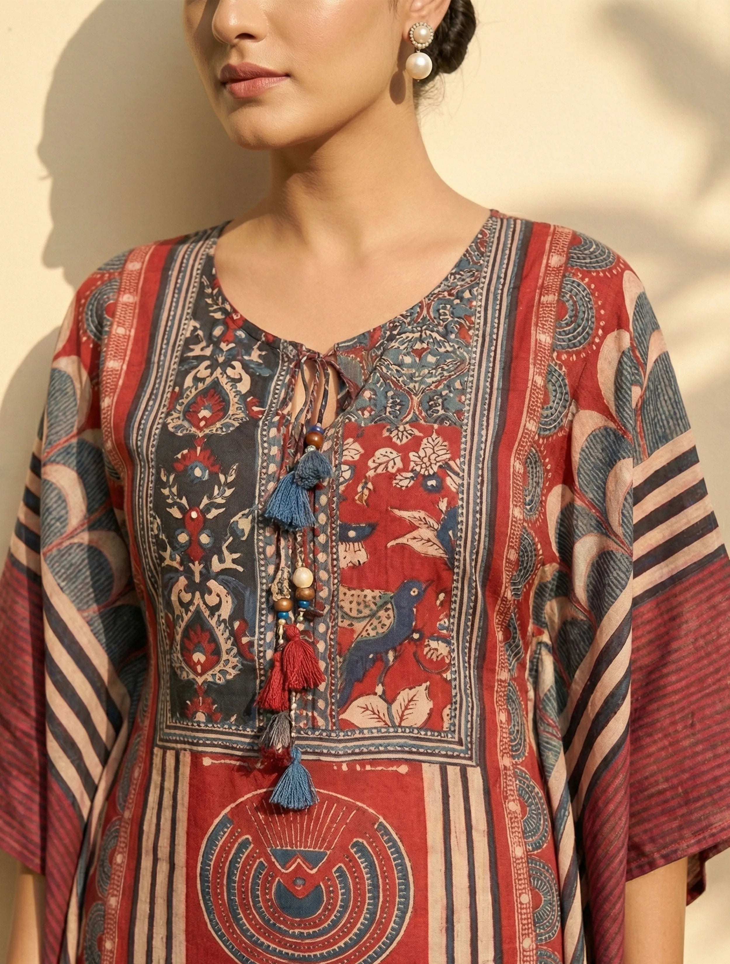 trueBrowns Red Printed Kaftan Kurta Palazzo Set