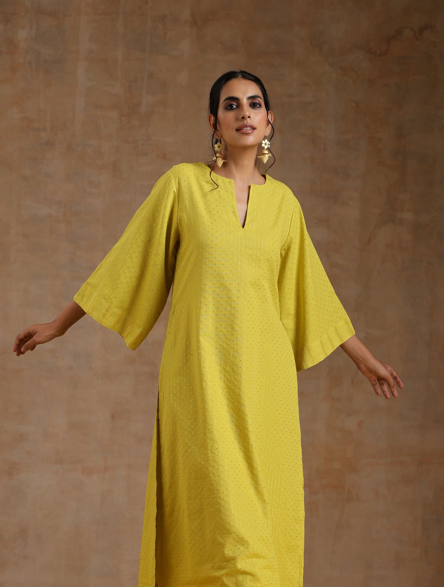 Lime Gold Cotton Relax High Slit Kurta Set