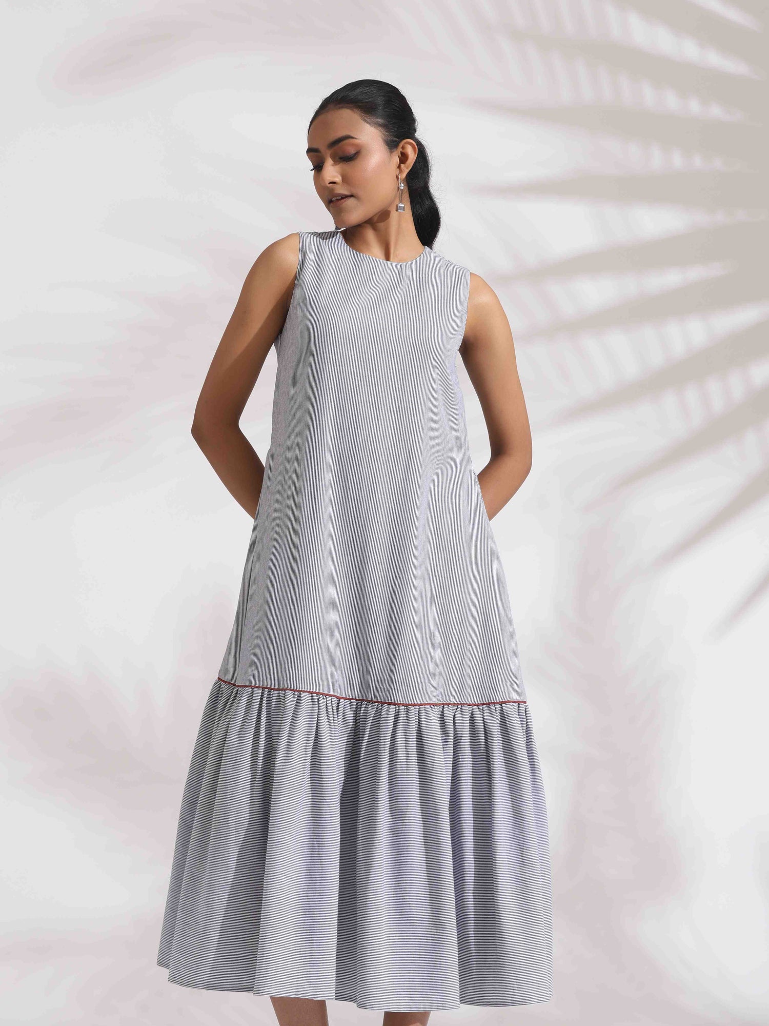 trueBrown Grey Cotton Stripe Tier Dress
