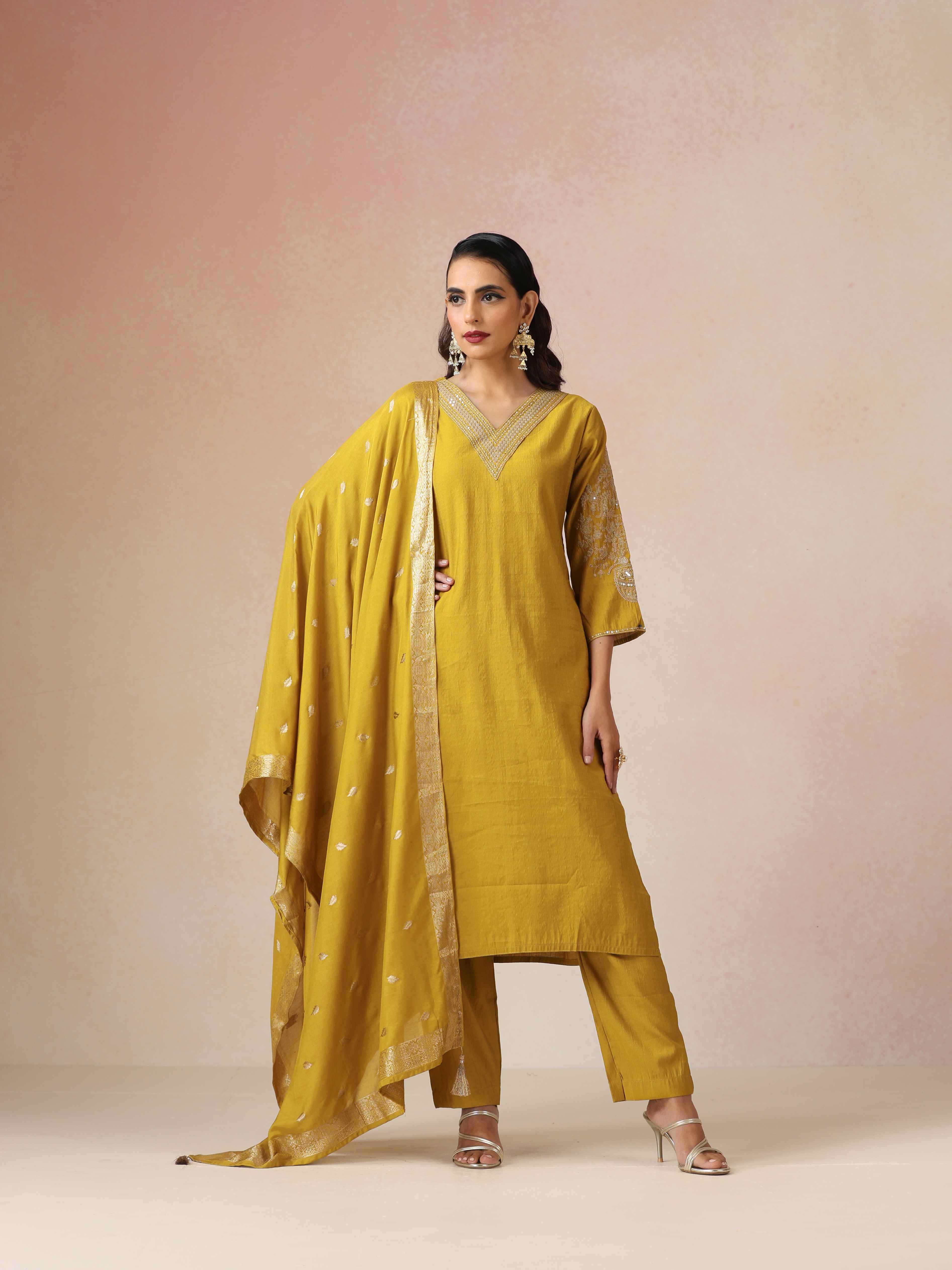 trueBrowns Mustard Embroidered Straight Kurta Pant Dupatta Set