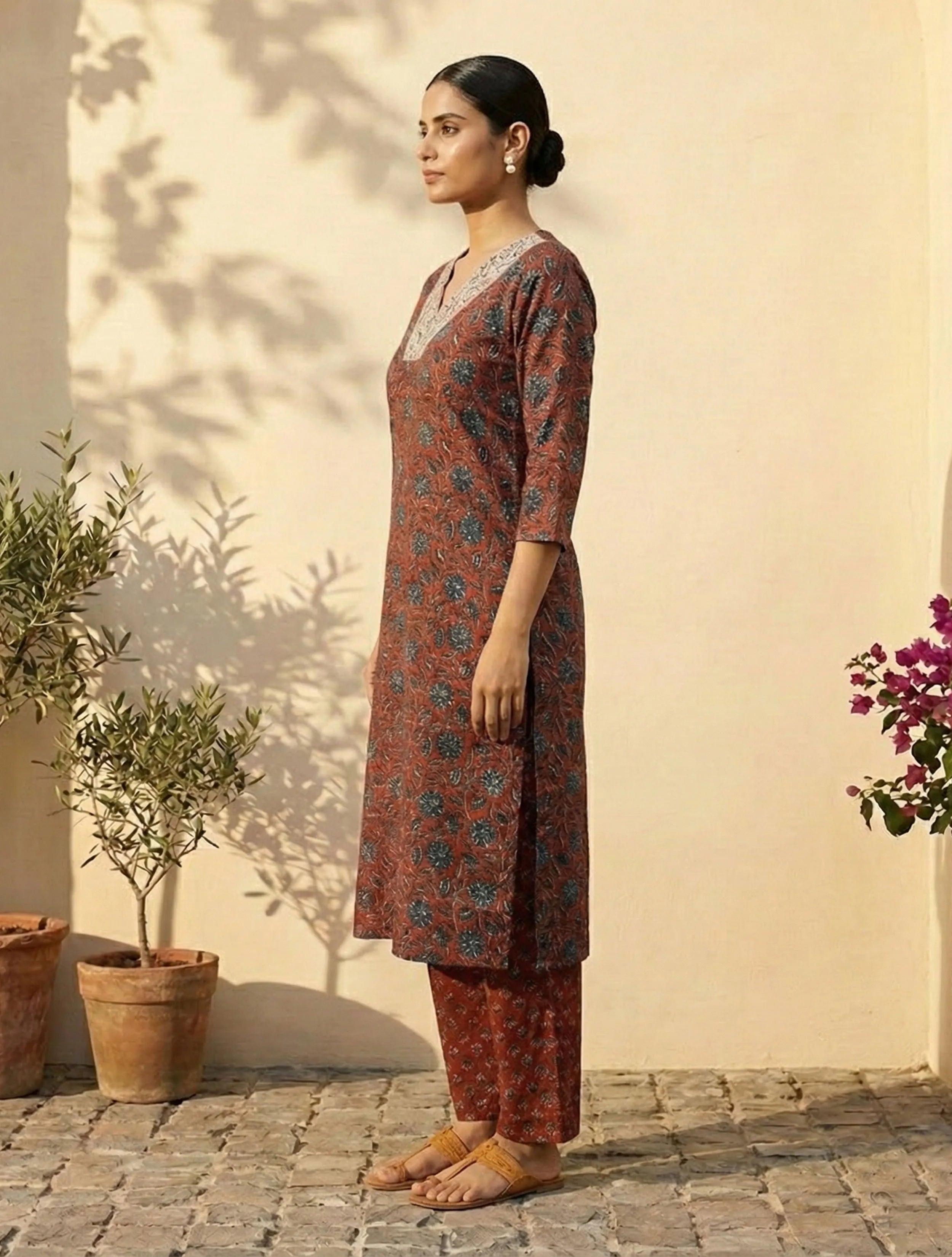 trueBrowns Rust Floral Print Embroidered V-Neck Kurta Pant Dupatta Set