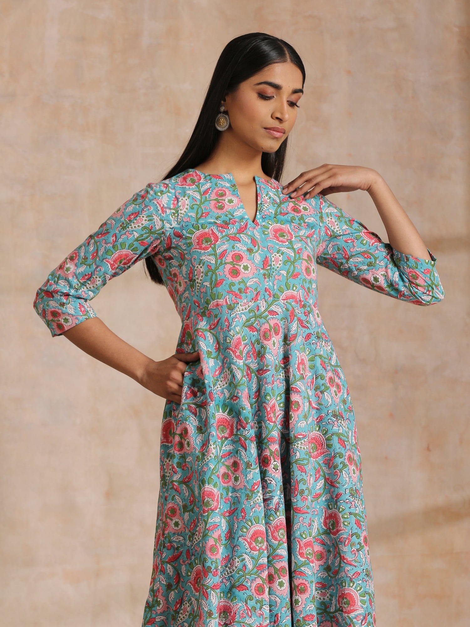 Turkish Blue Overall Floral Block Print Cotton Flared Kurta Pant Set