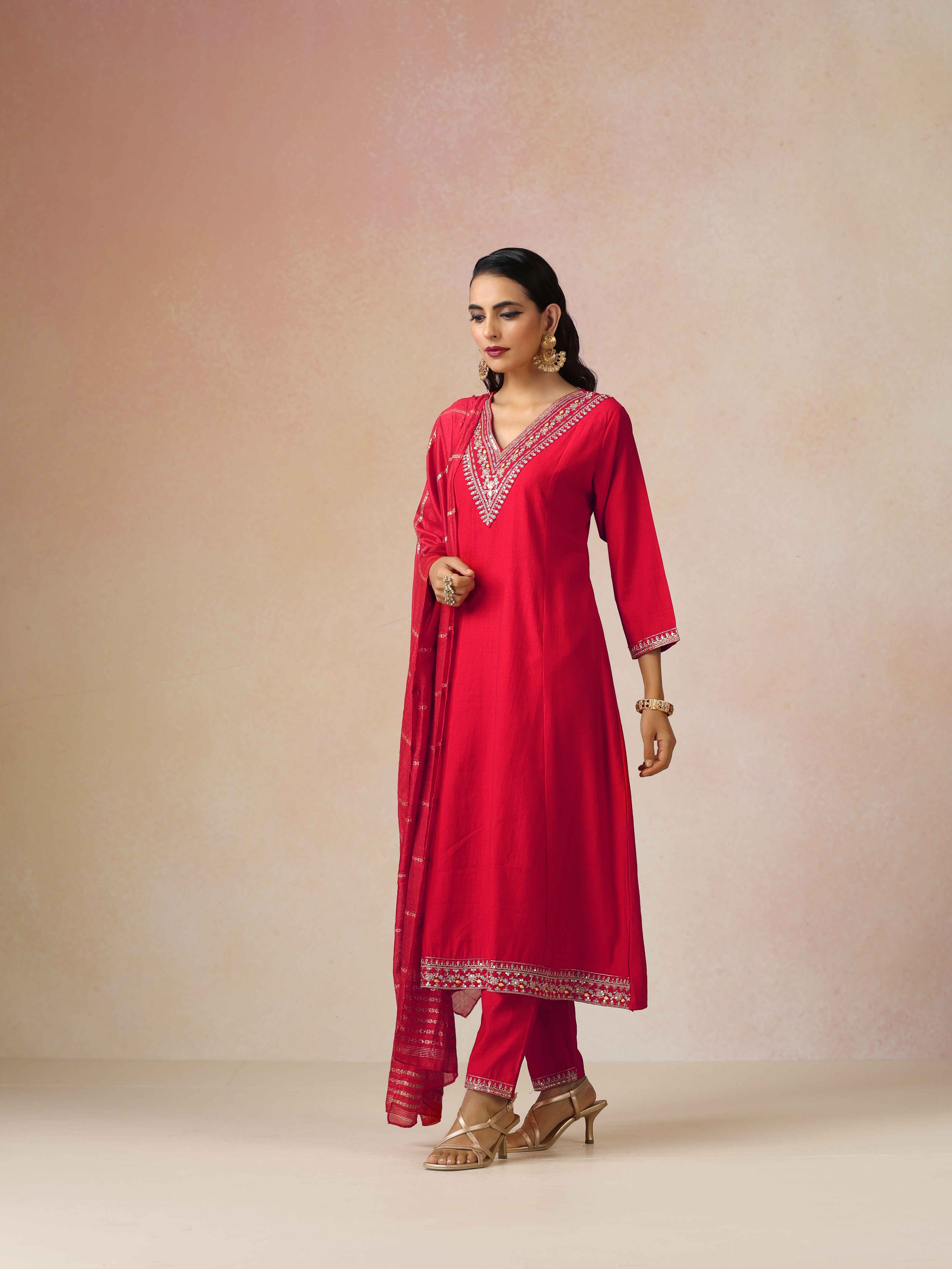 trueBrowns Red Embroidered A-line Kurta 3pc Set
