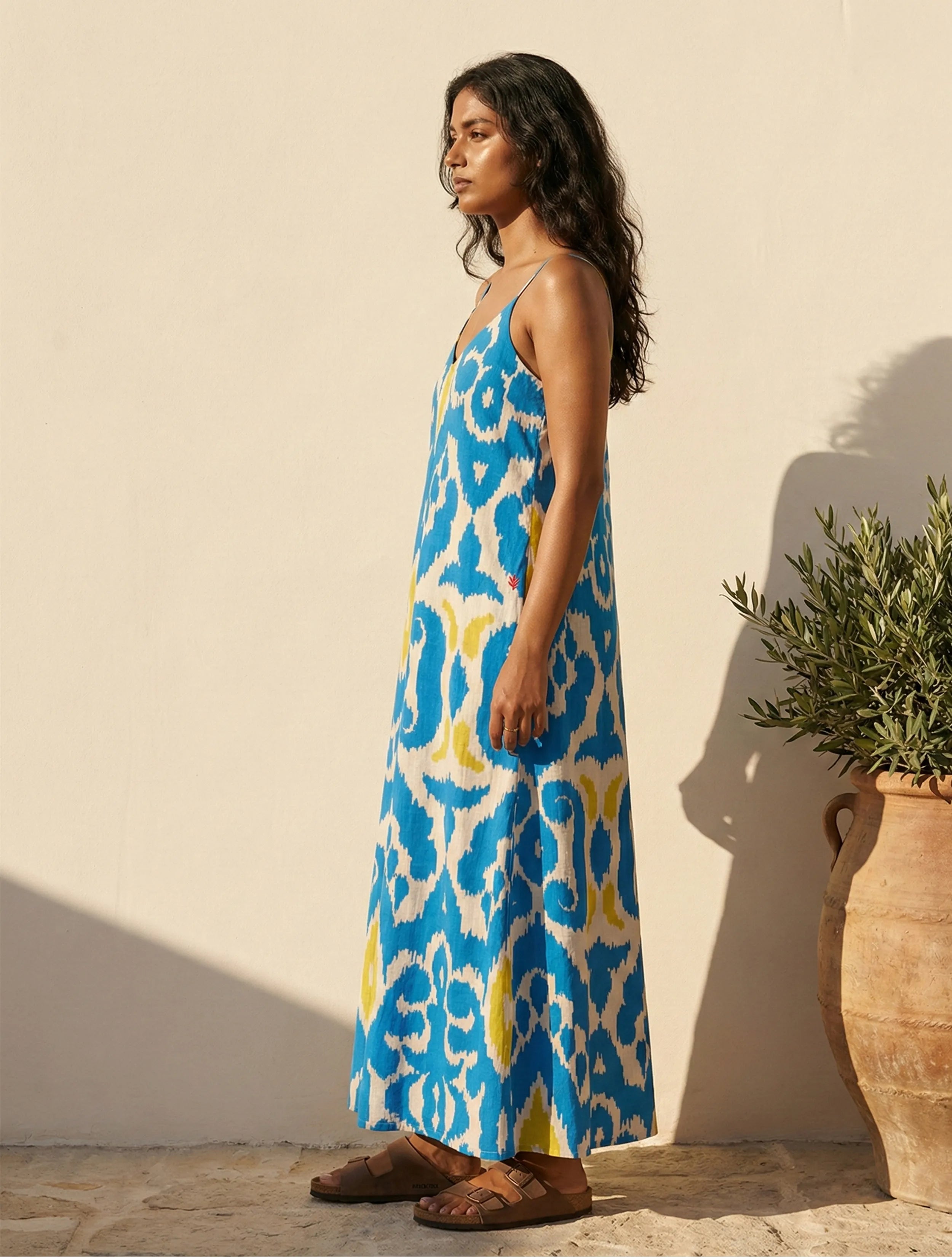 trueBrowns Blue Ikat Print Cotton Mull Strappy Maxi Dress
