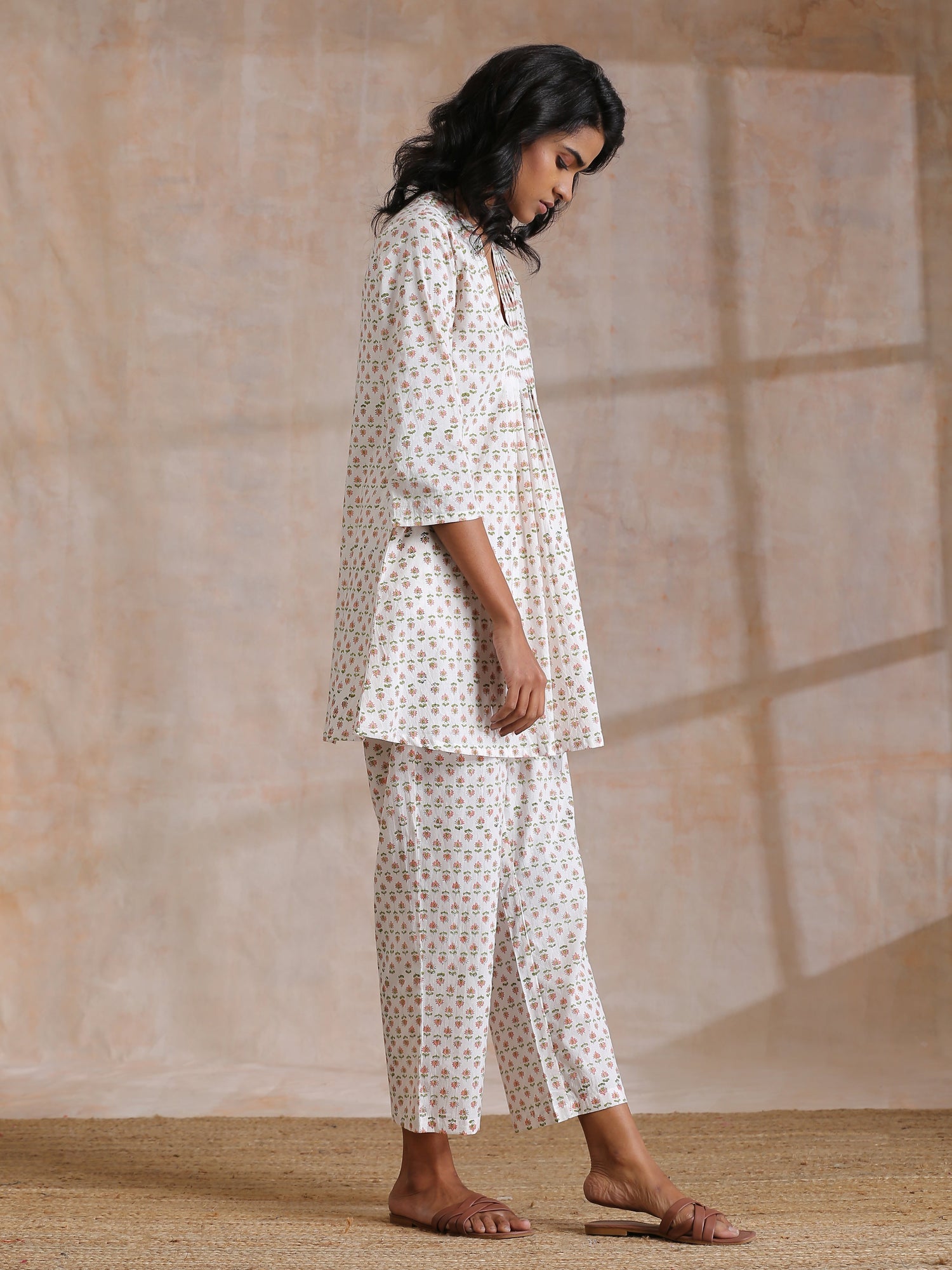 White With Small Floral Booti Print Cotton Pleated Co-Ord Set