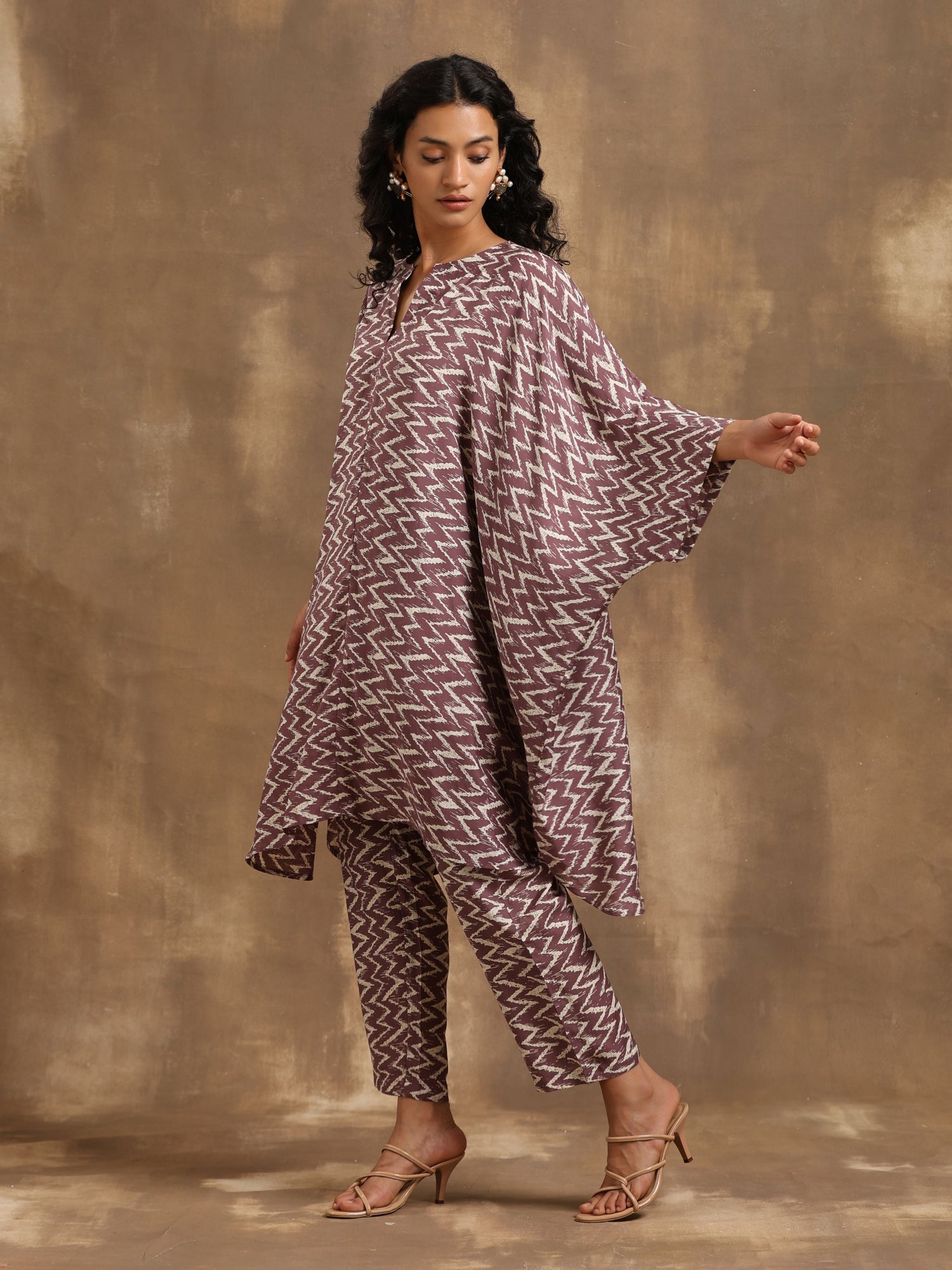 Dark Mauve Zig Zag Printed Silk Kaftan Co-Ord Set
