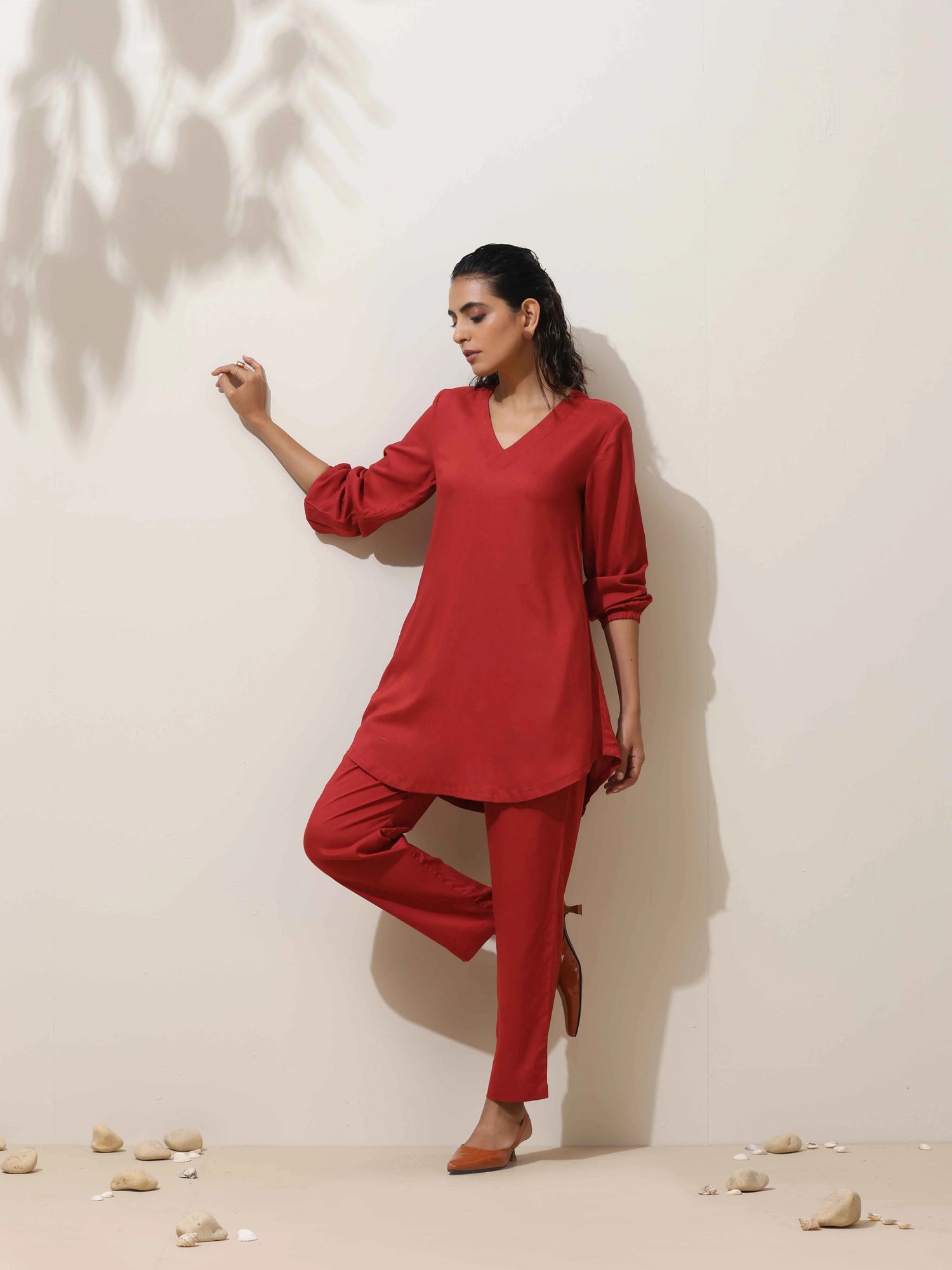 trueBrowns Maroon Viscose Co-ord Set