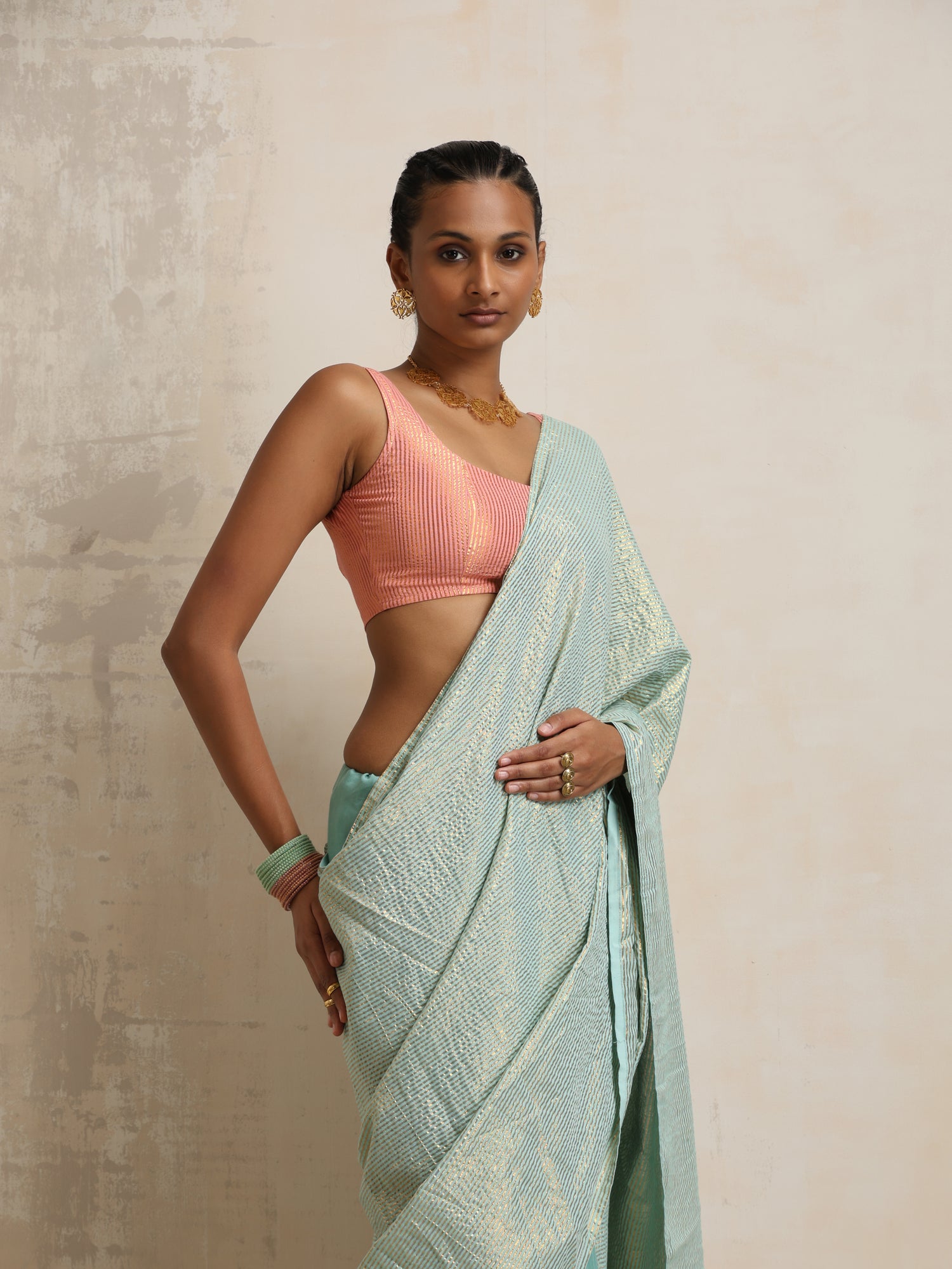 trueBrowns Blue Gold Metallic Ready To Wear Saree