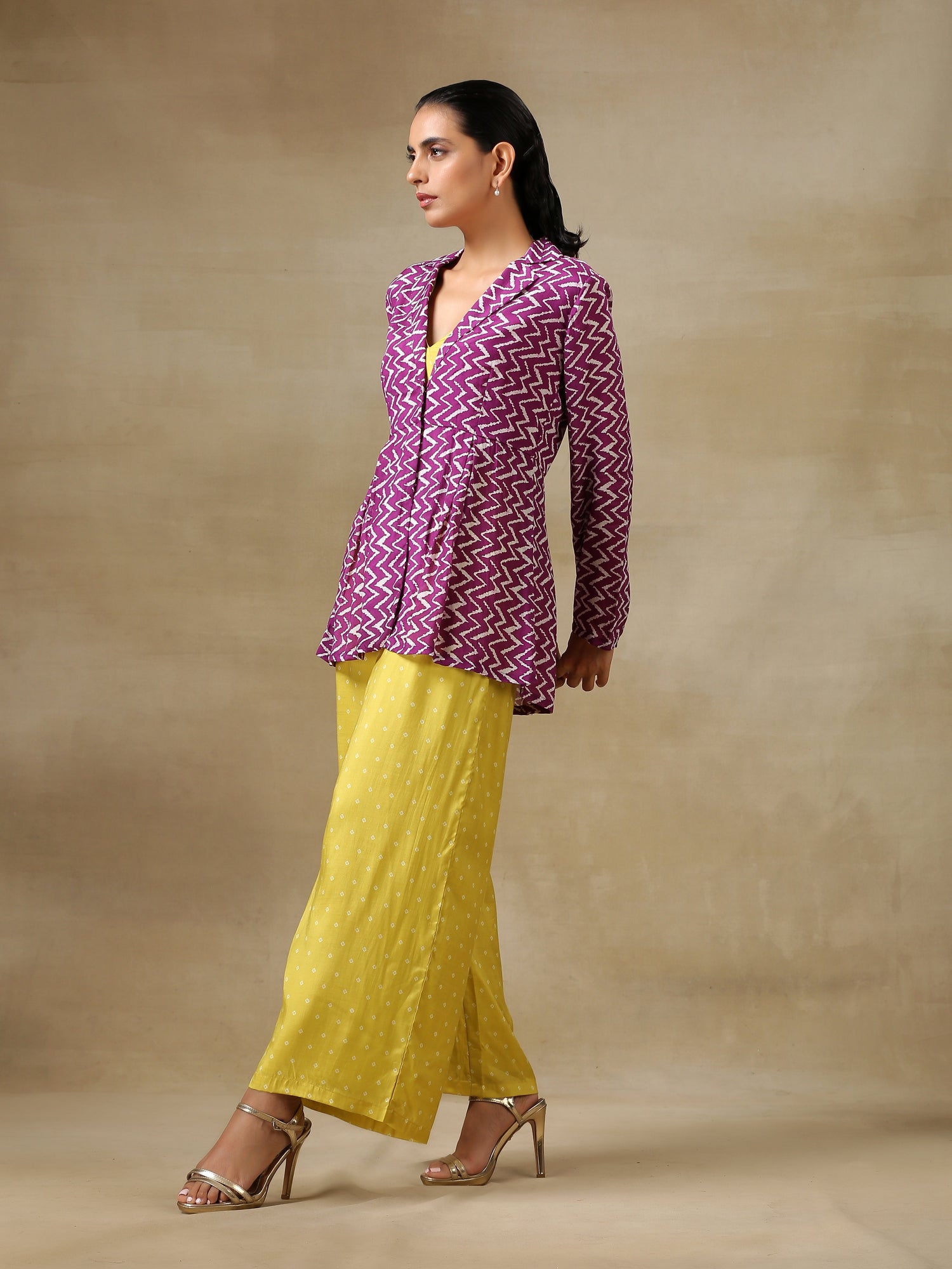 Lime Green Bandhani Printed Silk Top Pant with Purple Printed Jacket Set