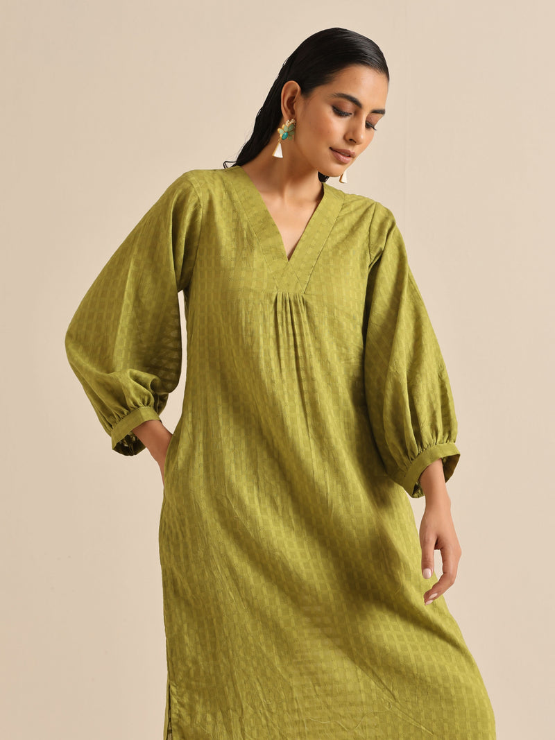 Fresh Green Dobby Puff Sleeve Kurta Pant Set