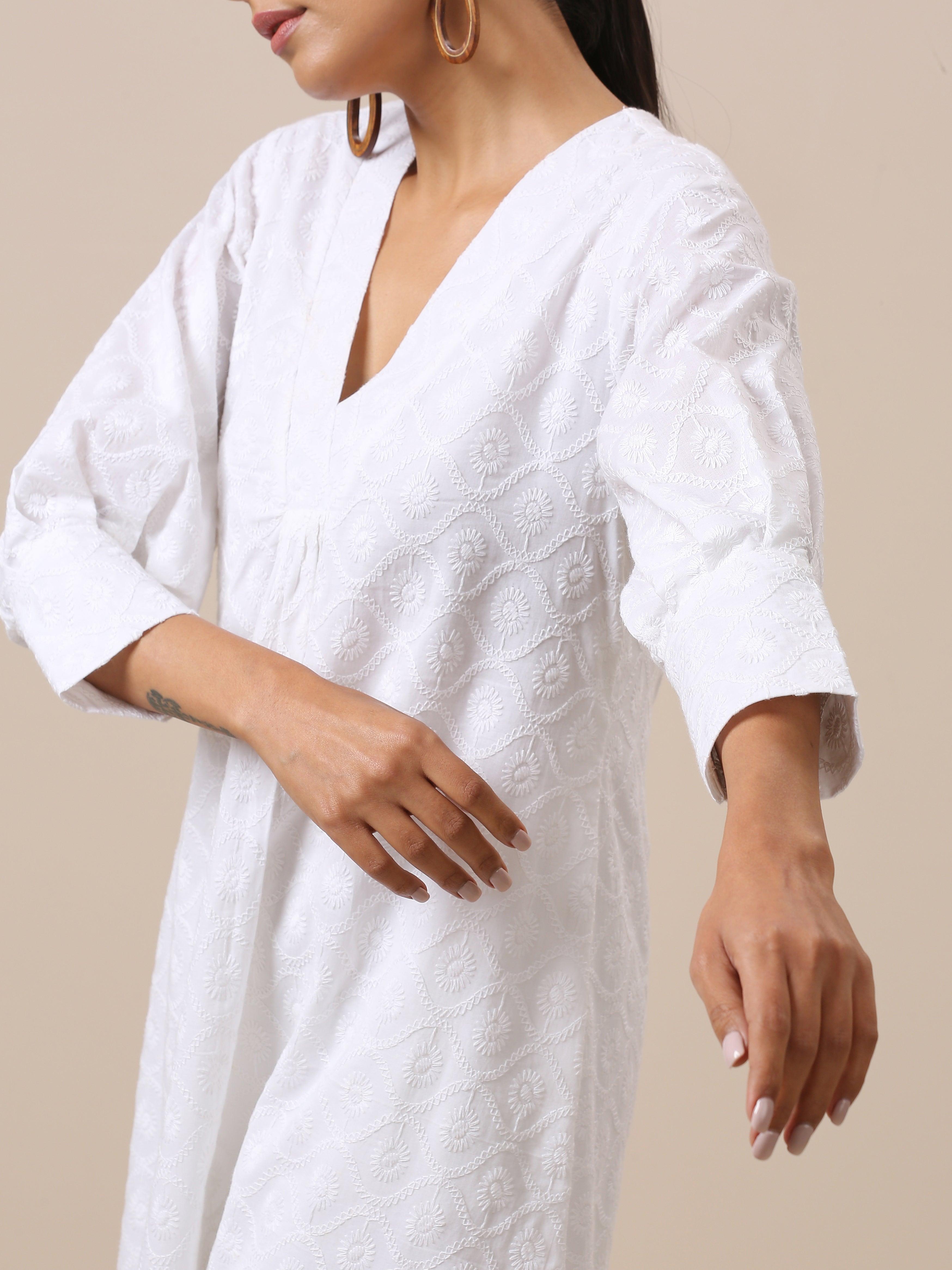 Cotton White Embroidered Slit Kurta Pant Set - trueBrowns