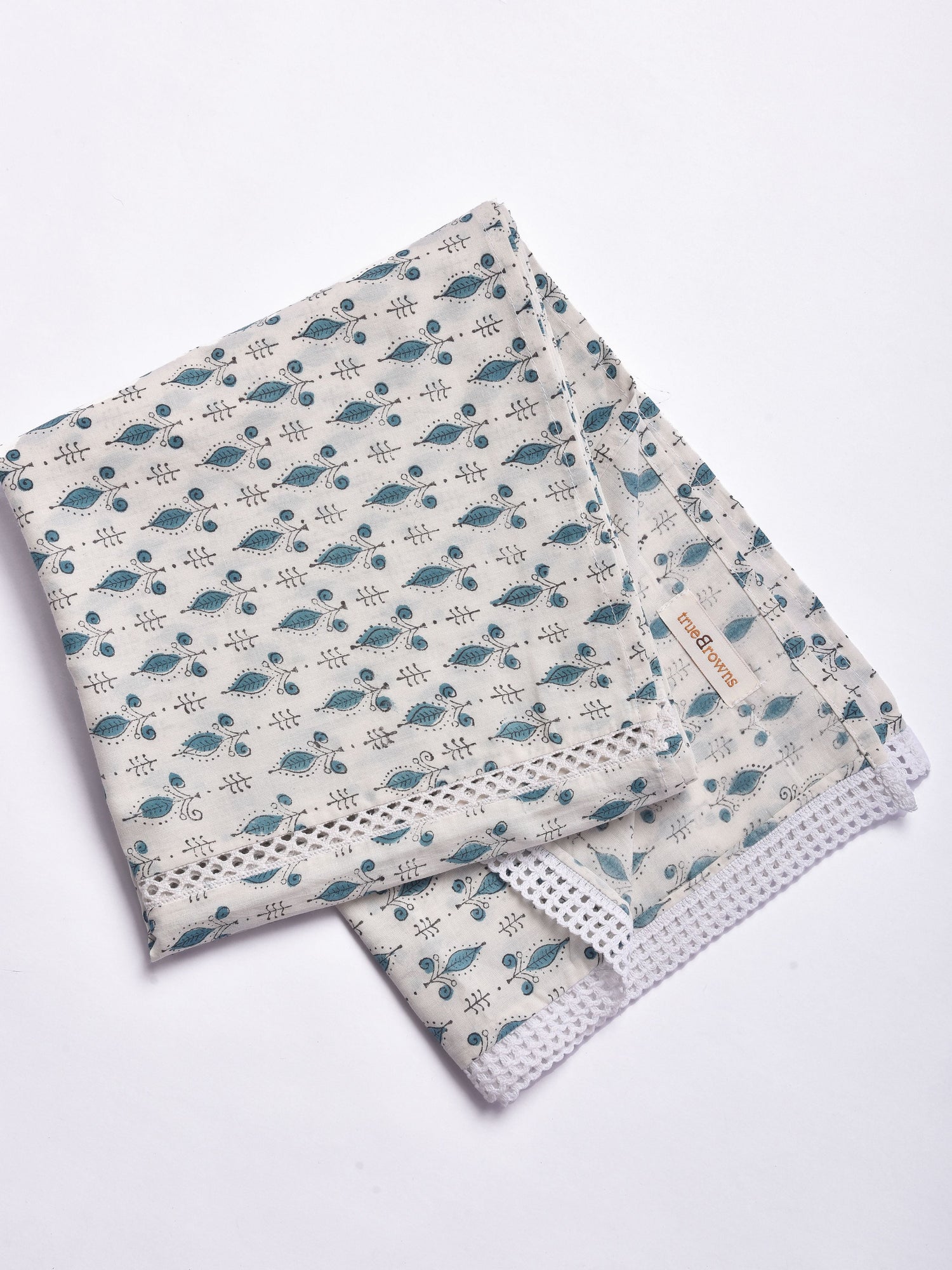 White Teal Buta Block Print Cotton Stole