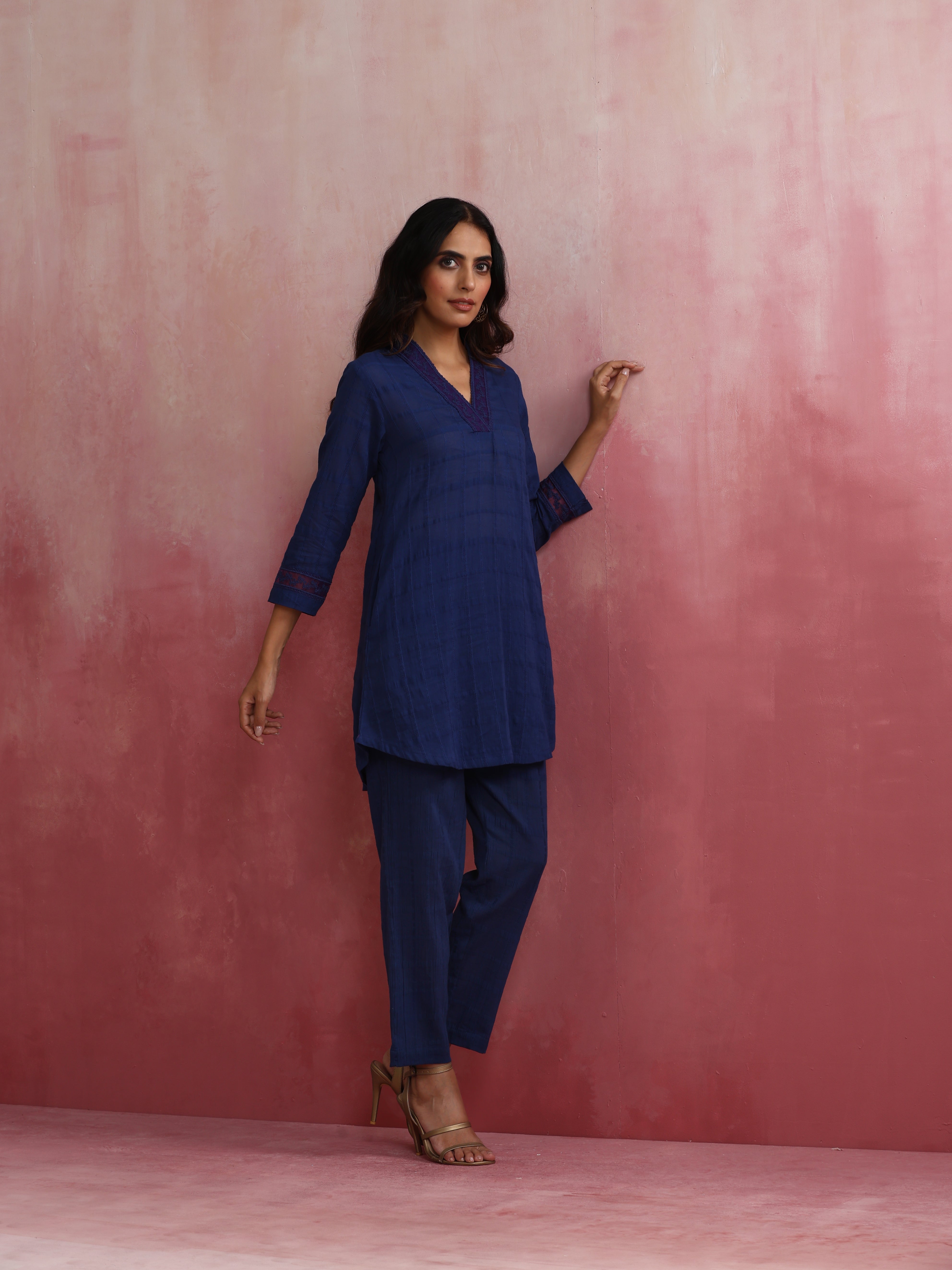 trueBrowns Dark Blue Cotton Dobby Co-ord set