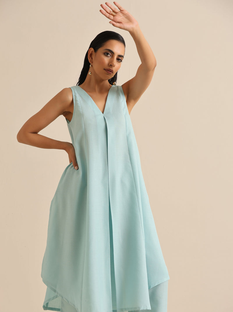 Sky Blue Slub Sleeveless Flared Kurta Pant Set