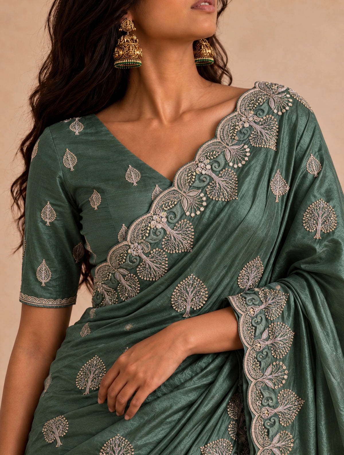 trueBrowns Olive Grey Paan Embroidered Silk Blend Saree With Unstitched Blouse
