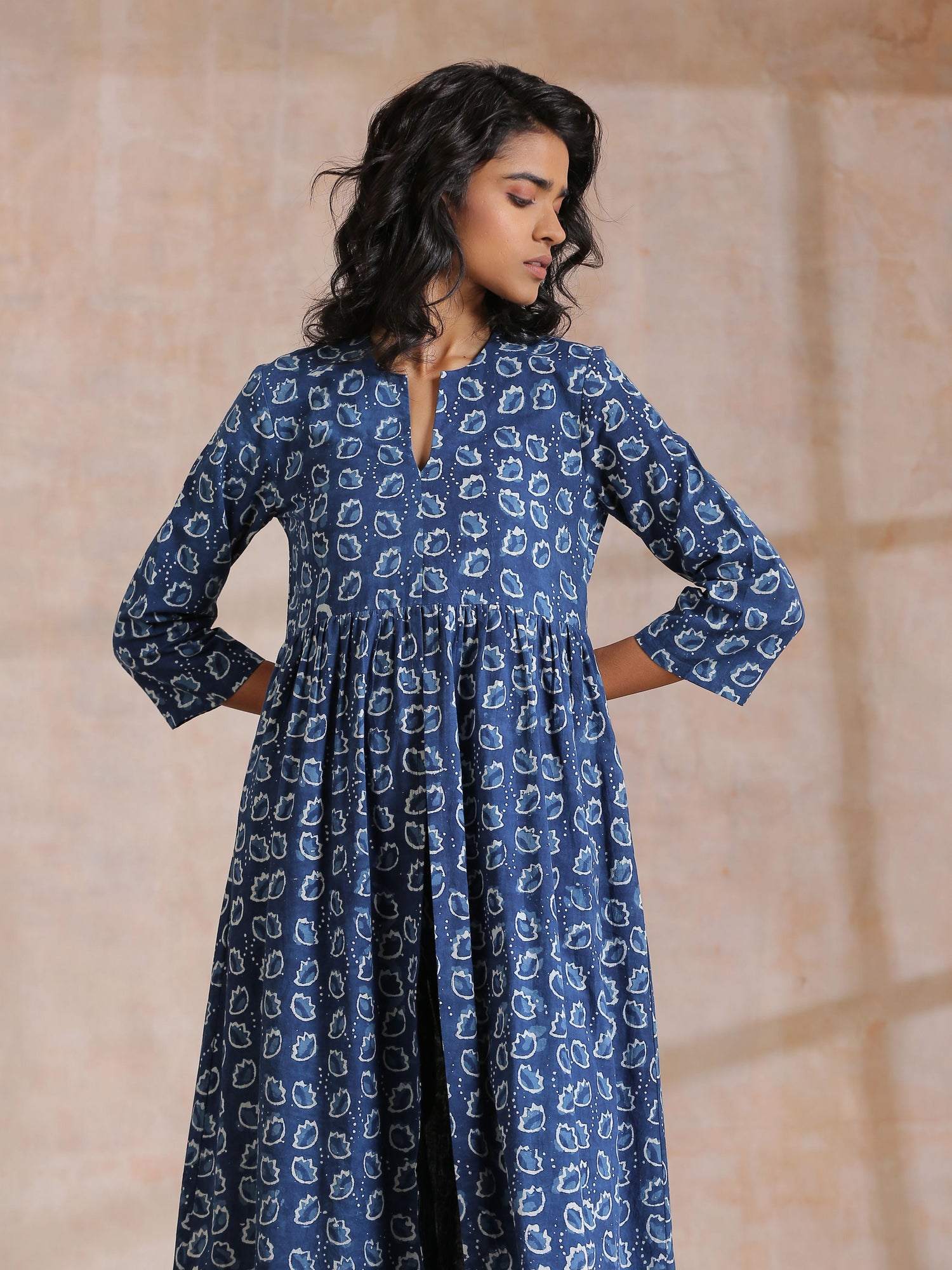 Indigo Dabu Floral Print Cotton Kurta Pant Set