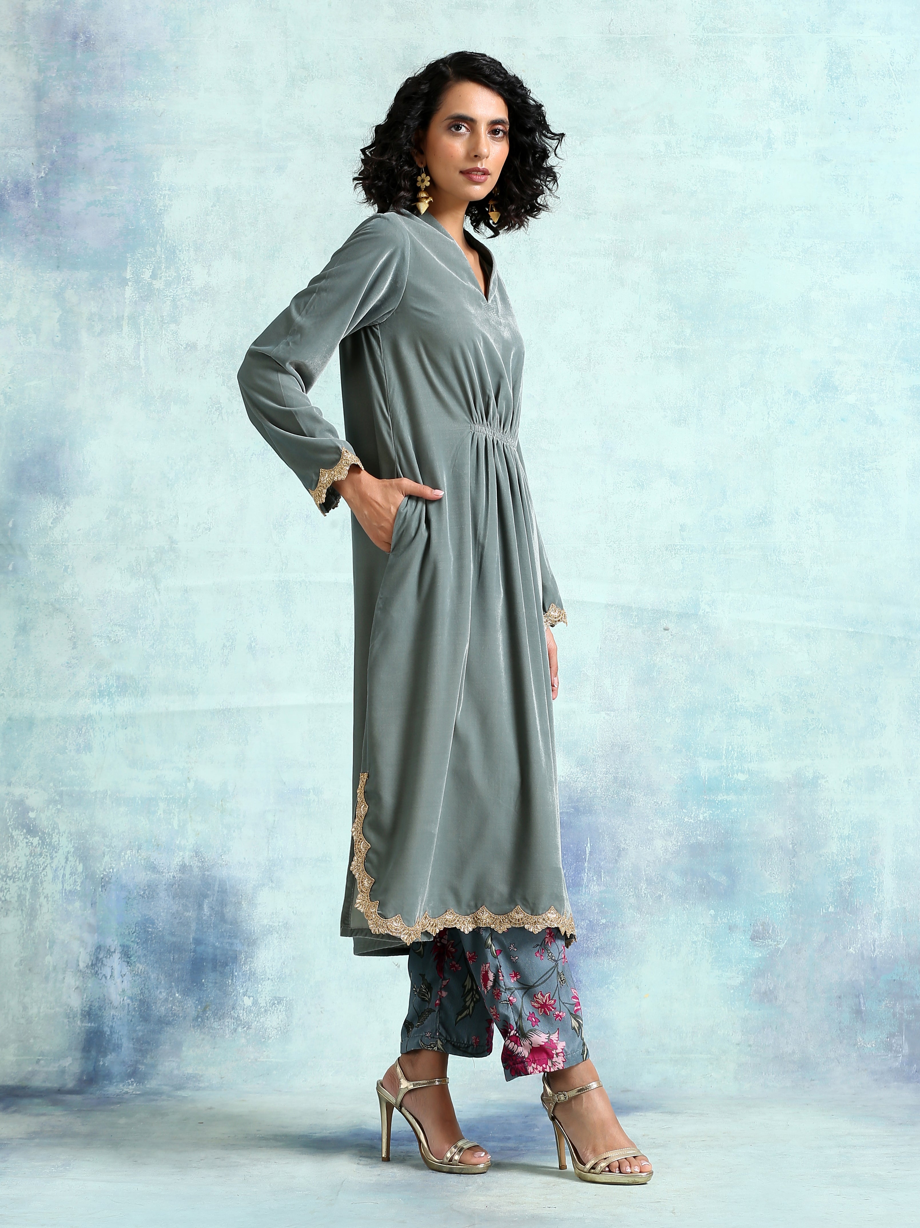 Grey Velvet Lace Kurta Pant Set