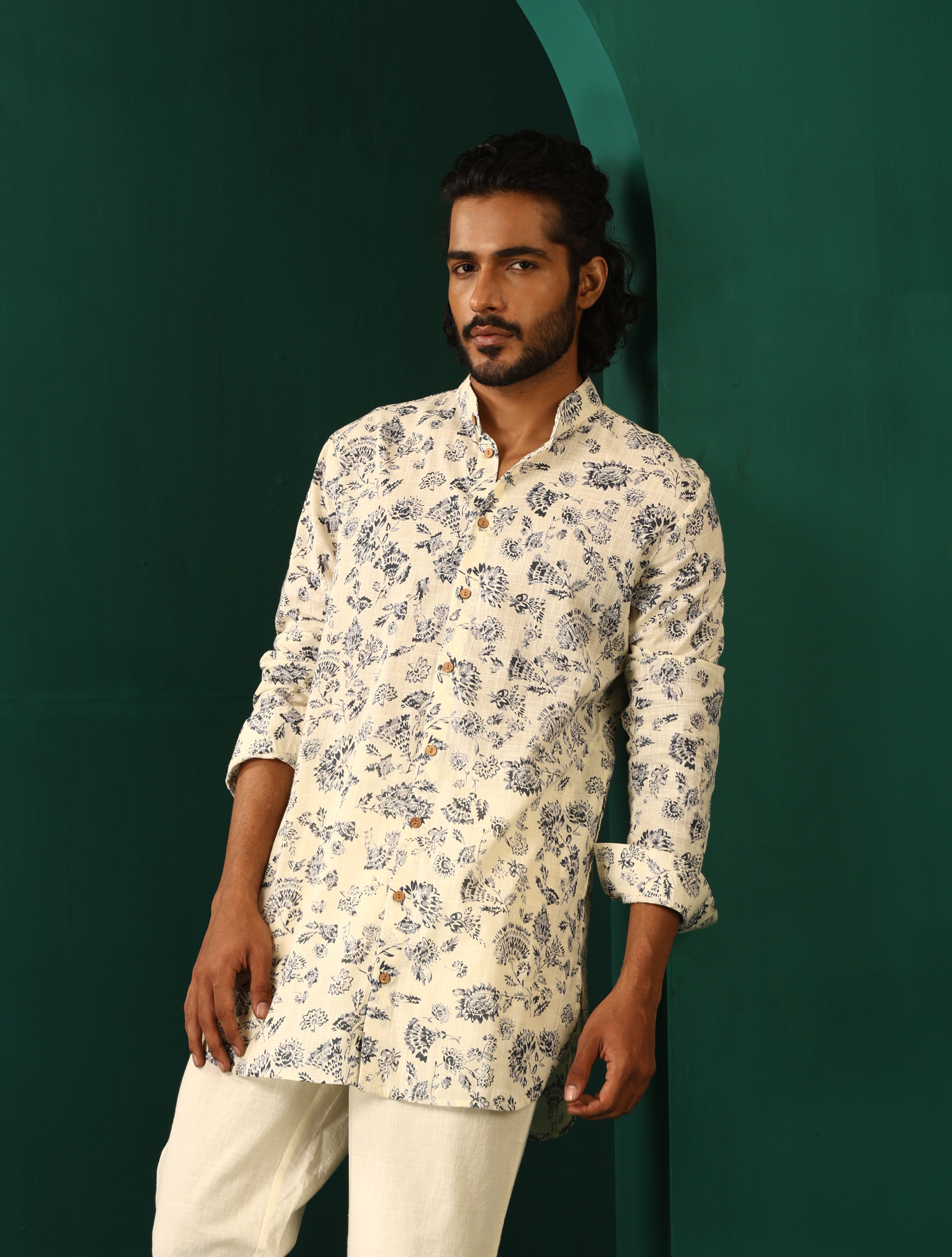 trueBrowns Men Ivory Floral Cotton Printed Co-ord Set