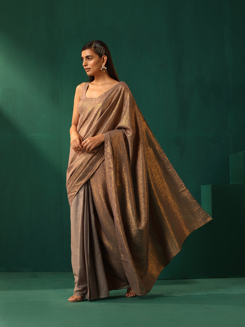 trueBrowns Grey Cotton Gold Striped Ready To Wear Saree