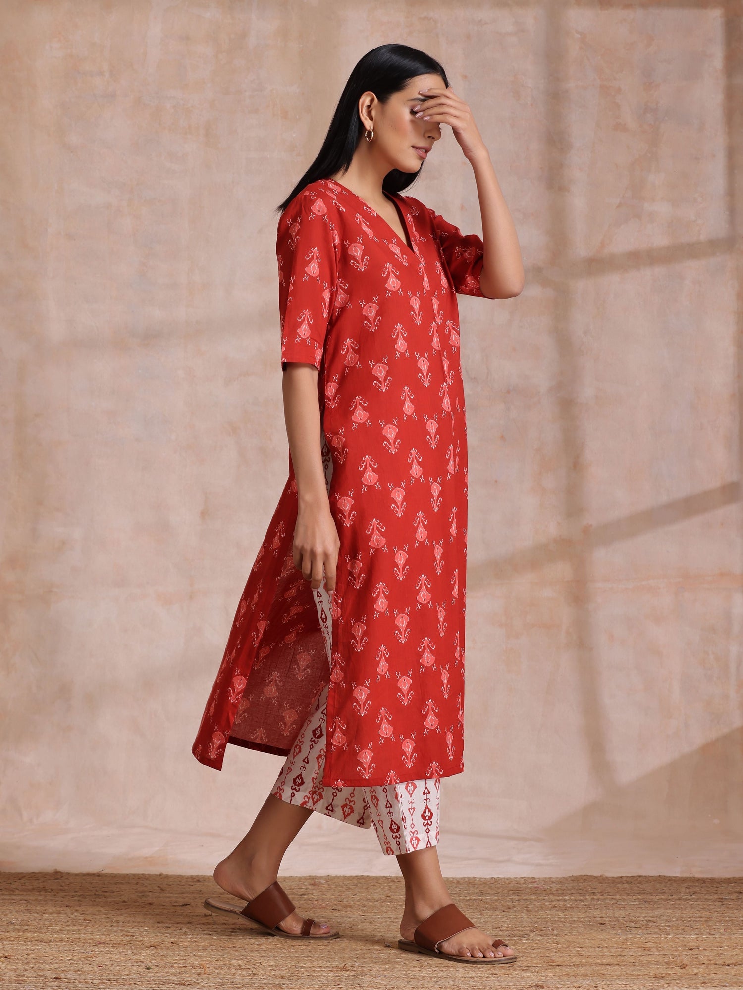 Red On Red Ikat Print Cotton Kurta Pant Set