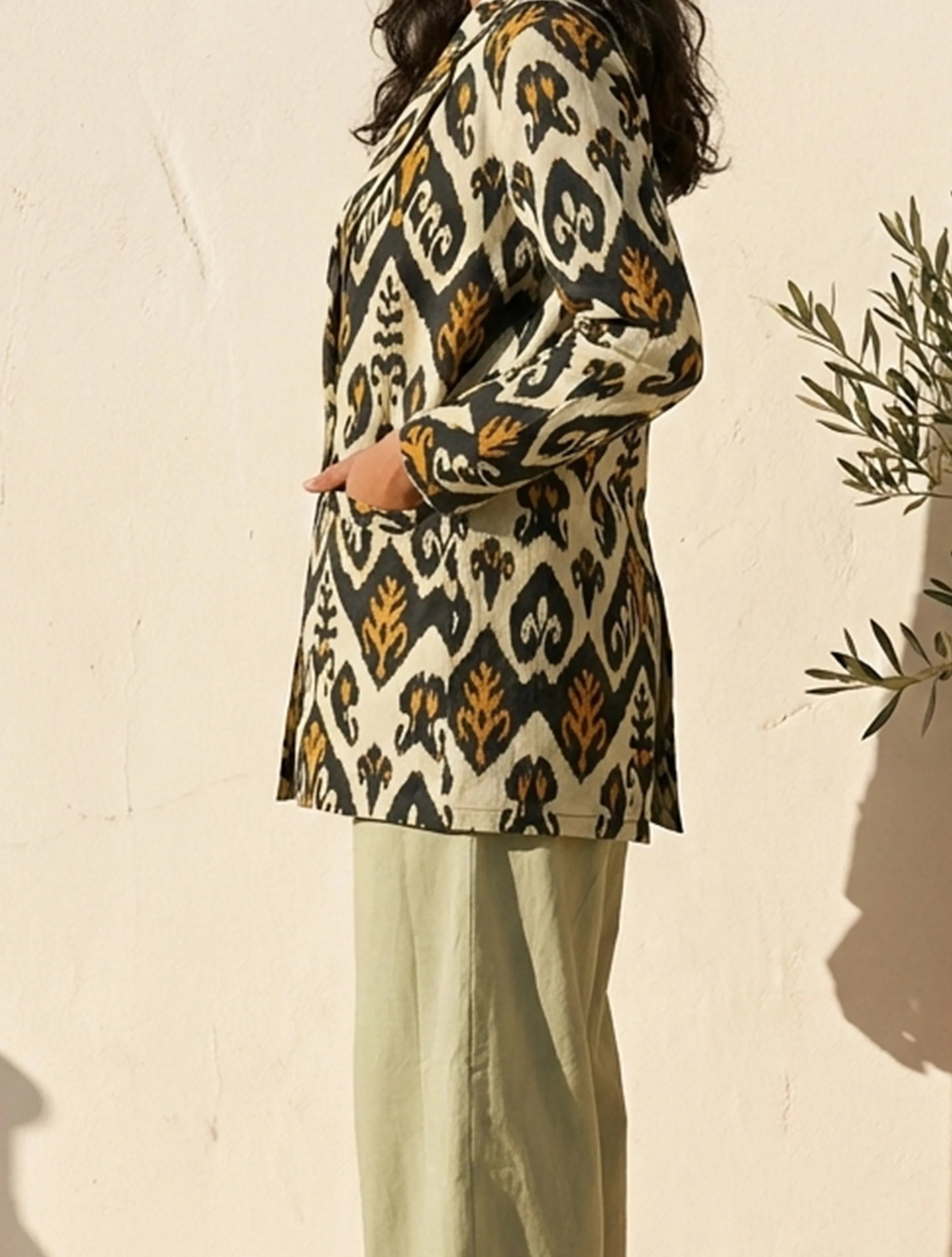 trueBrowns Mint Green Ikat Print Cotton Poplin Blazer Co-Ord Set
