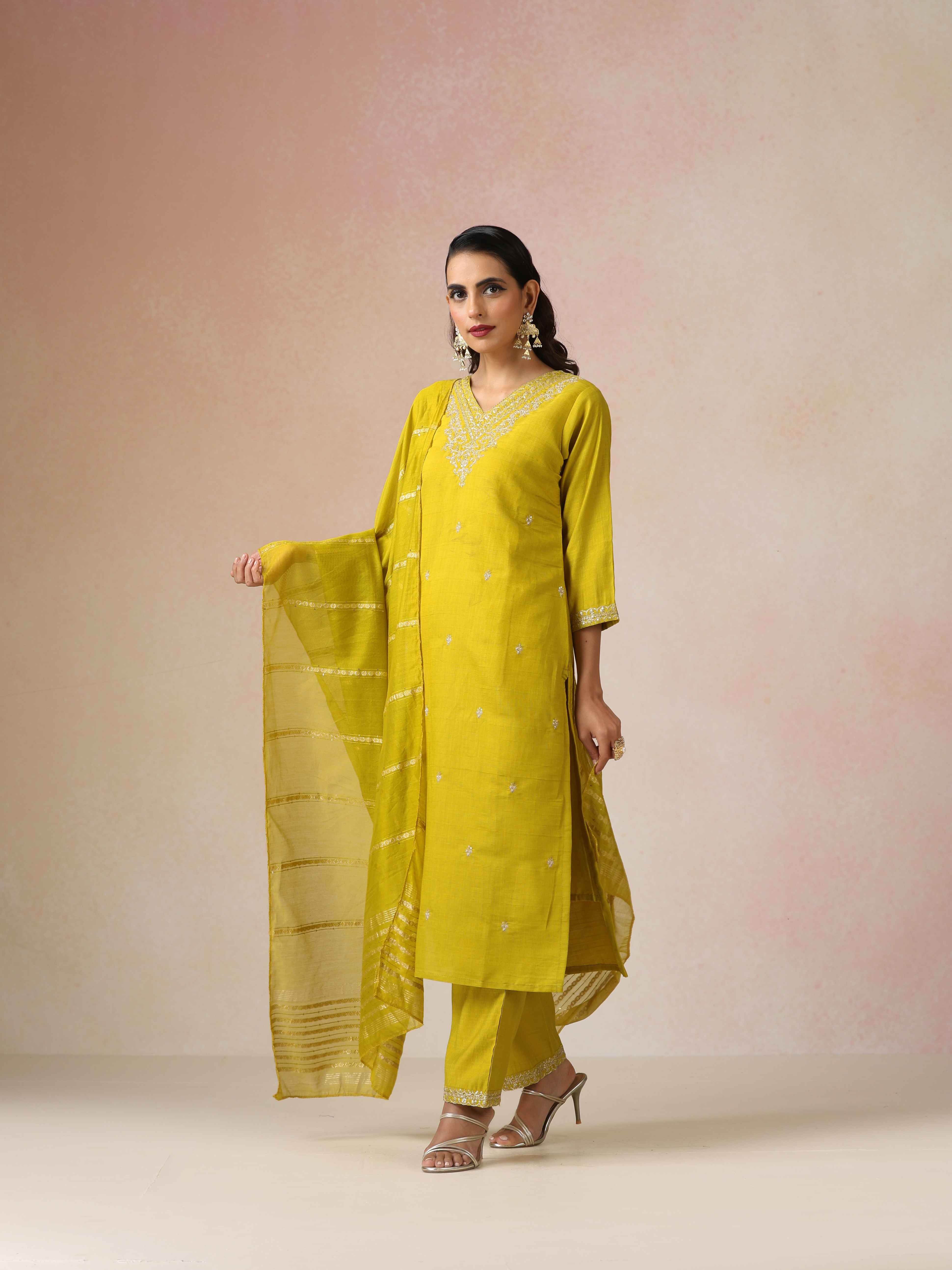 trueBrowns Lime All Over Embroidered Straight Kurta 3pc Set