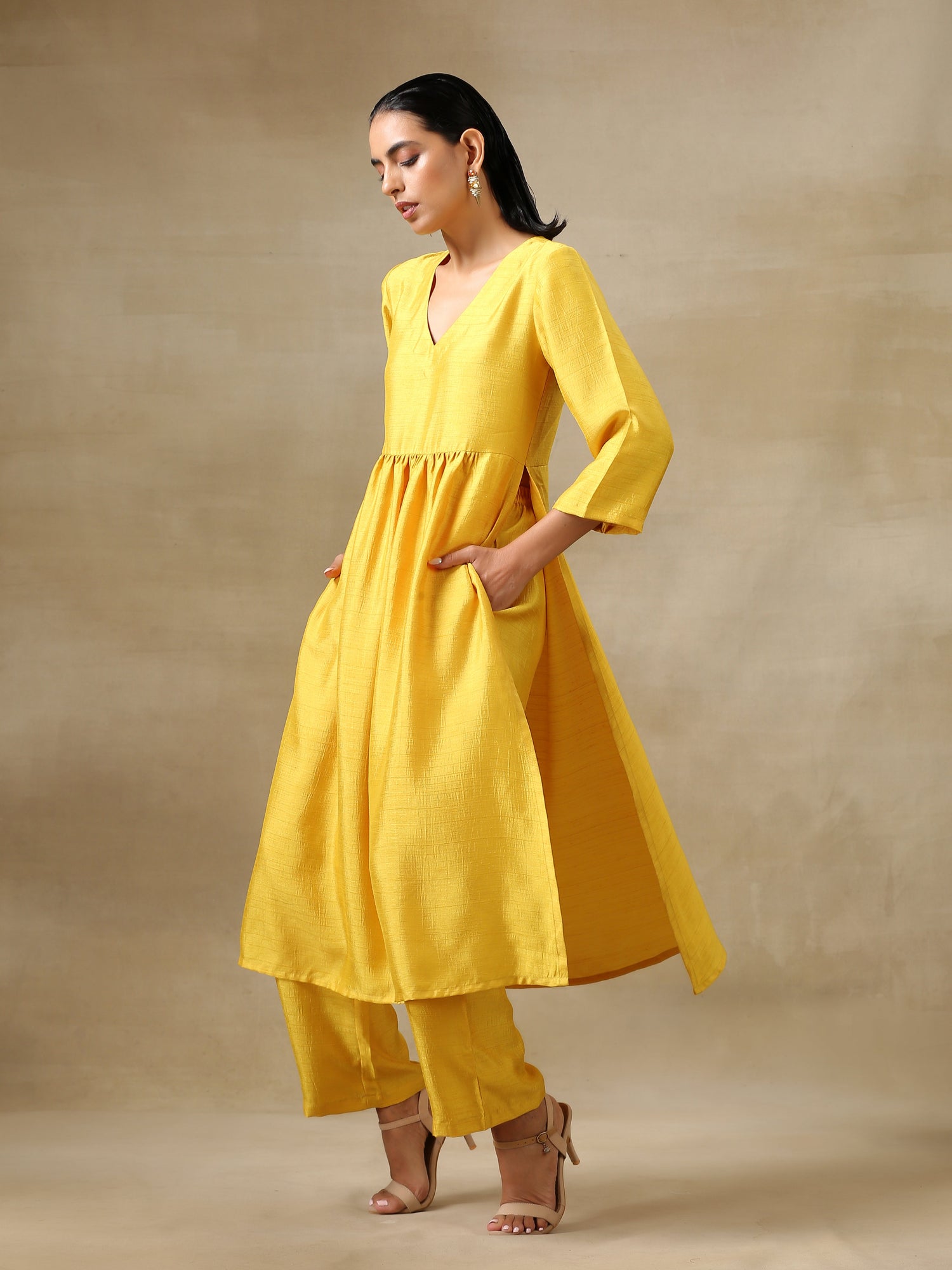 Yellow Textured Silk High Slit Gathered Kurta Set