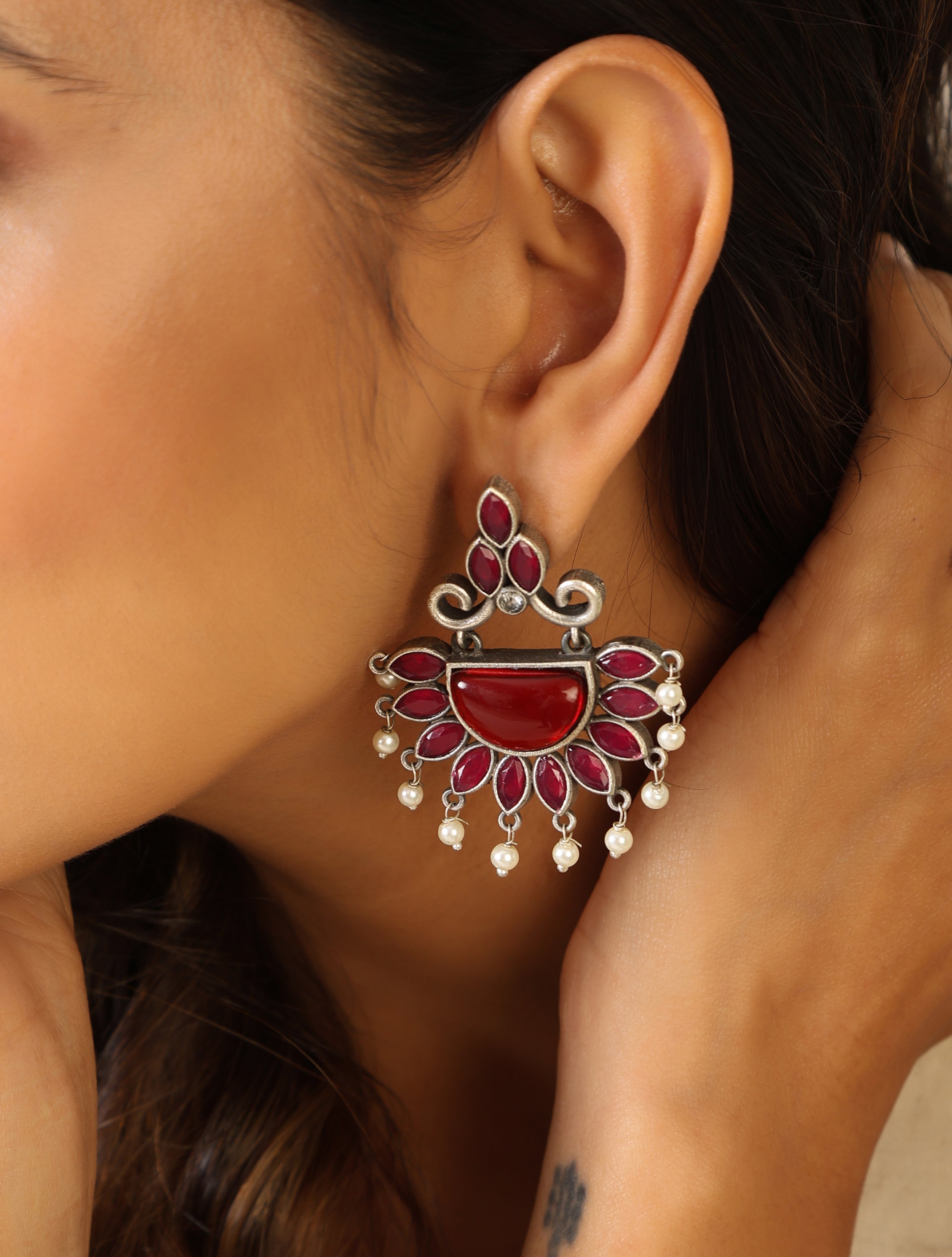 trueBrowns Silver Half Circular Stone Earrings