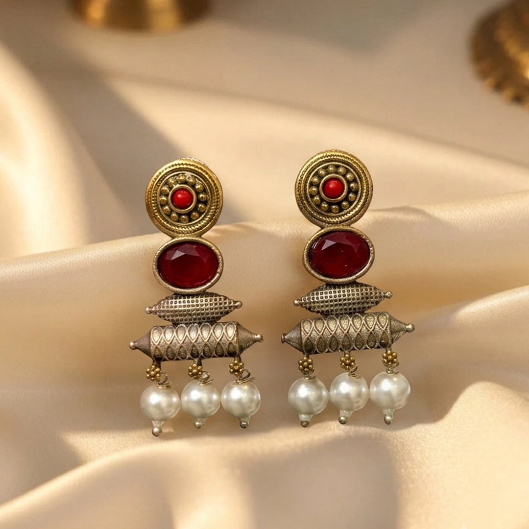 trueBrowns Red Stone Pearl Drop Earrings