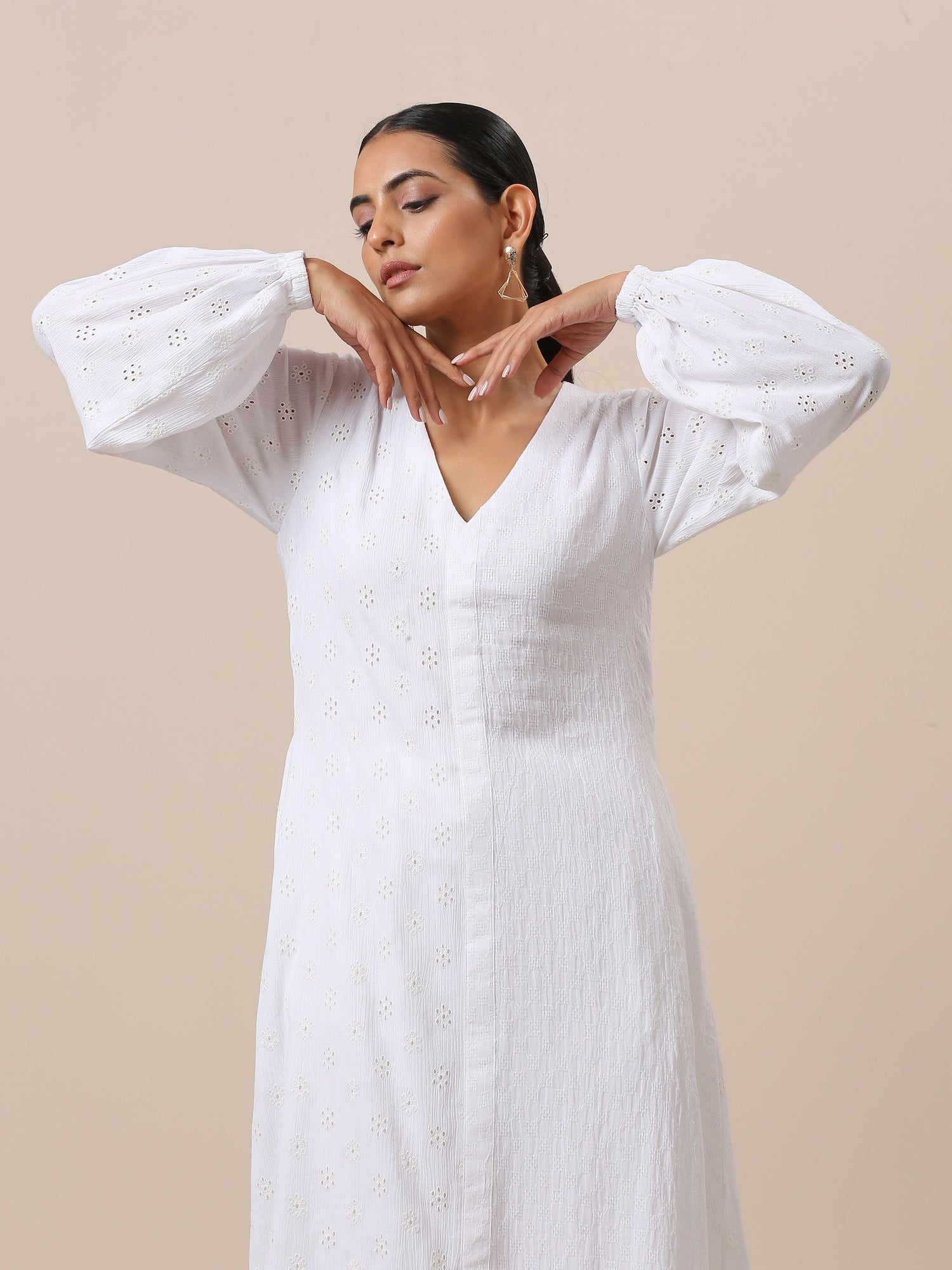 Cotton White Schiffli Weave Kurta Pant Set - trueBrowns