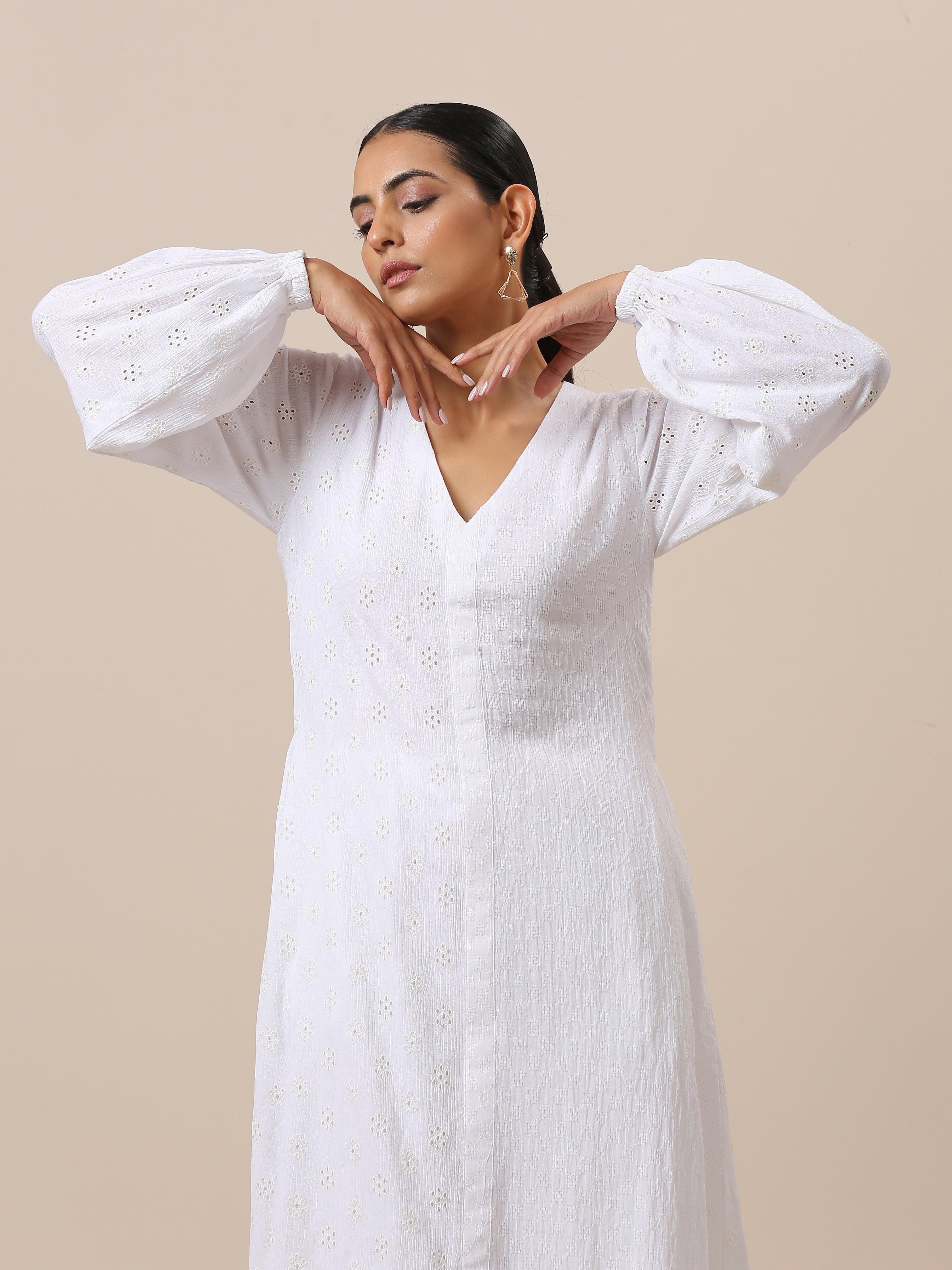 Cotton White Schiffli Weave Kurta Pant Set - trueBrowns