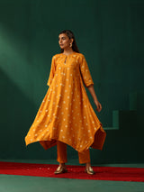 trueBrowns Mustard Geometric Viscose Silk Kurta Pant Set