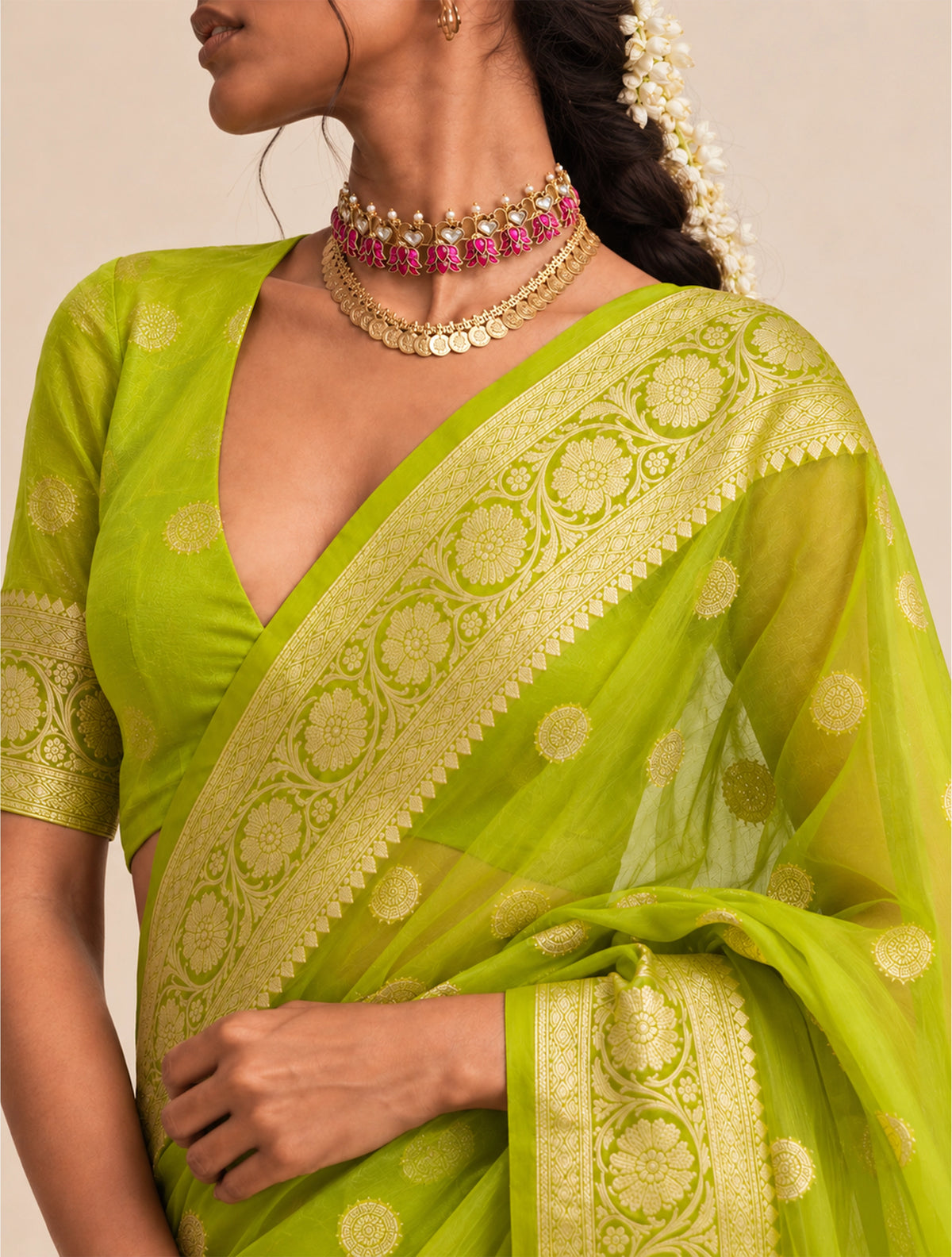 trueBrowns Green Weave Gold Boota Silk Organza Handloom Saree With Unstitched Blouse