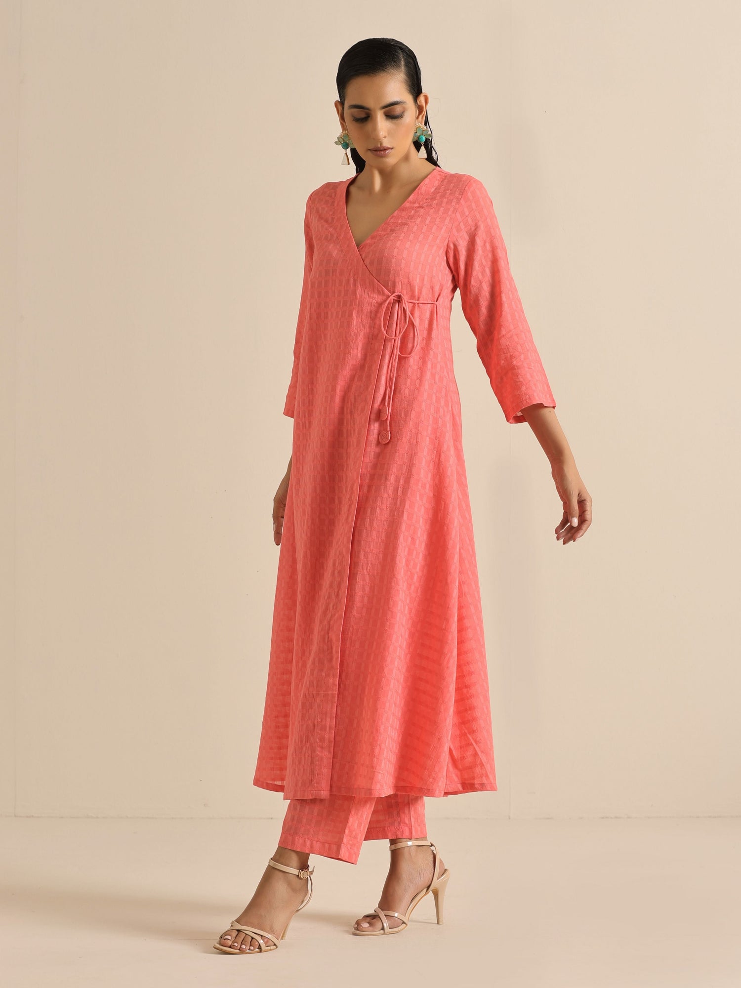 Bright Pink Dobby Angrakha Kurta Pant Set