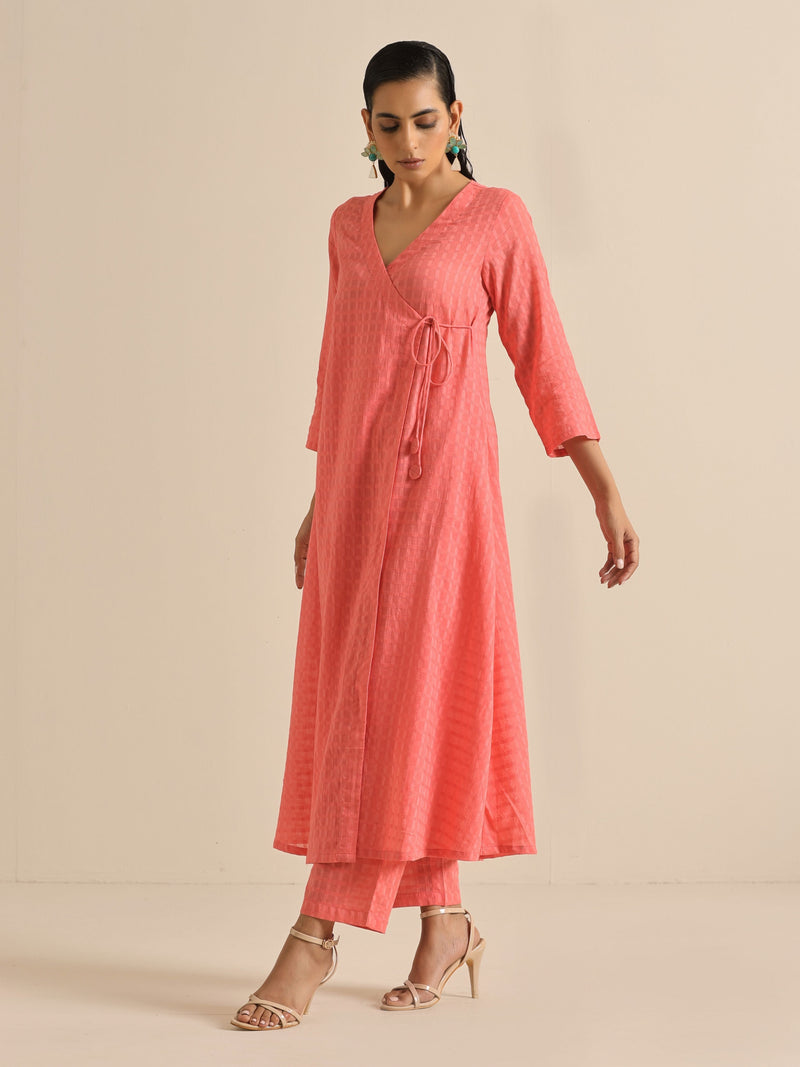 Bright Pink Dobby Angrakha Kurta Pant Set