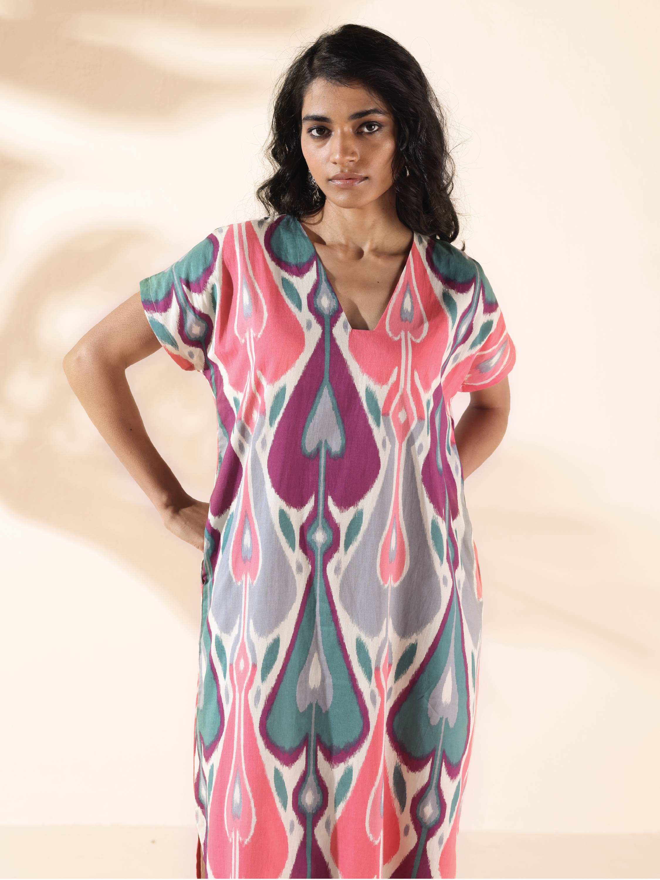 trueBrowns Green Cotton Ikat Slit Dress