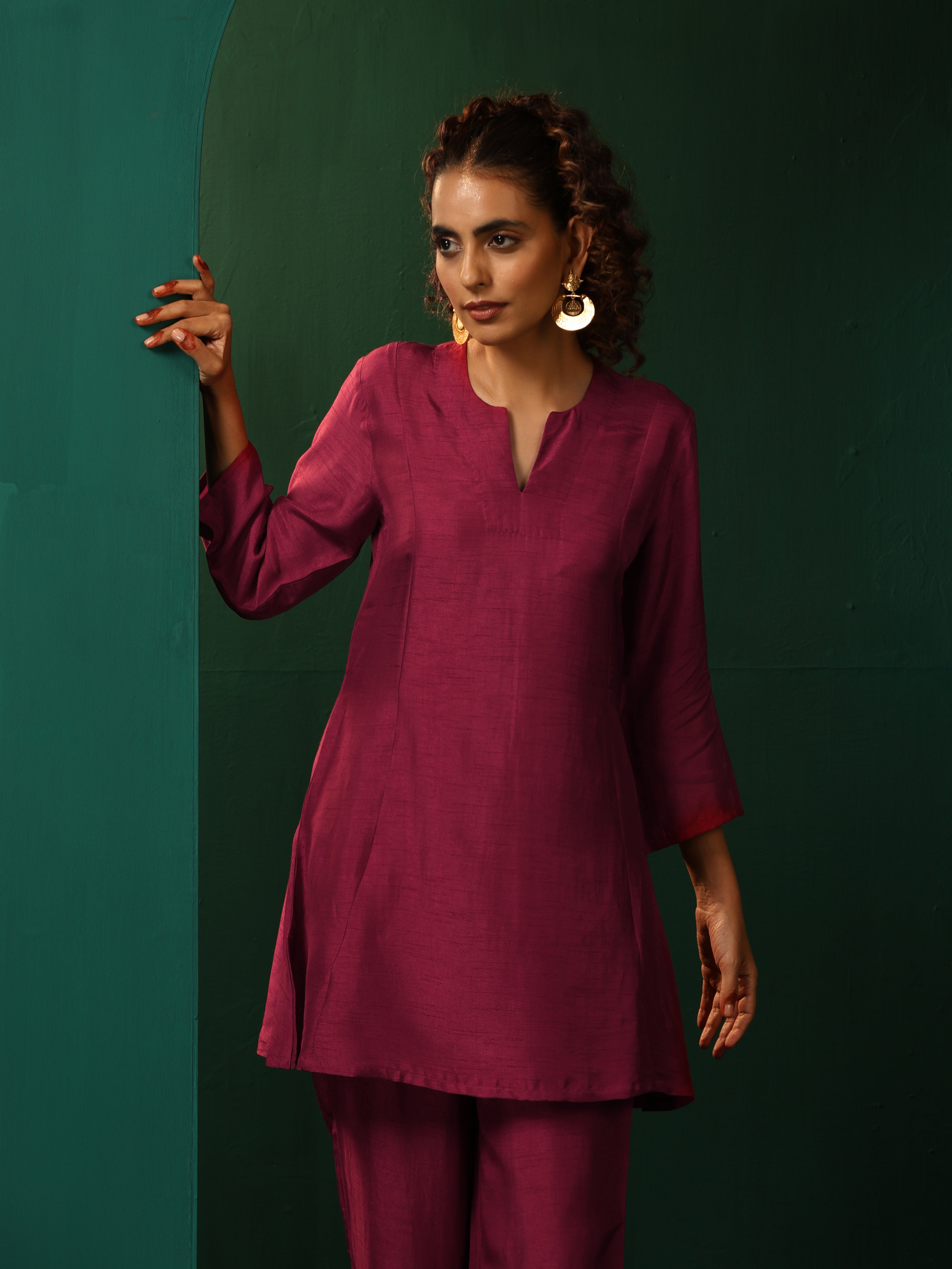 trueBrowns Maroon Silk Relaxed Co-ord Set