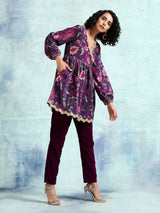 Wine Printed Velvet Lace Co-Ord Set