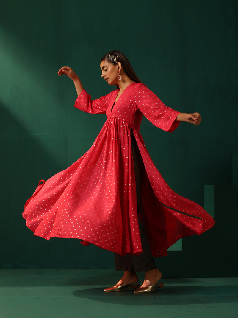 trueBrowns Pink Square Viscose Silk Kurta Pant Set