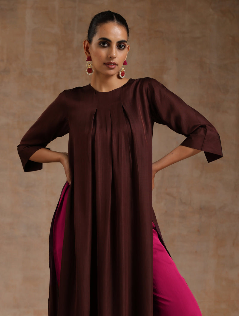 Cola Brown Modal Neck Pleat Kurta Set