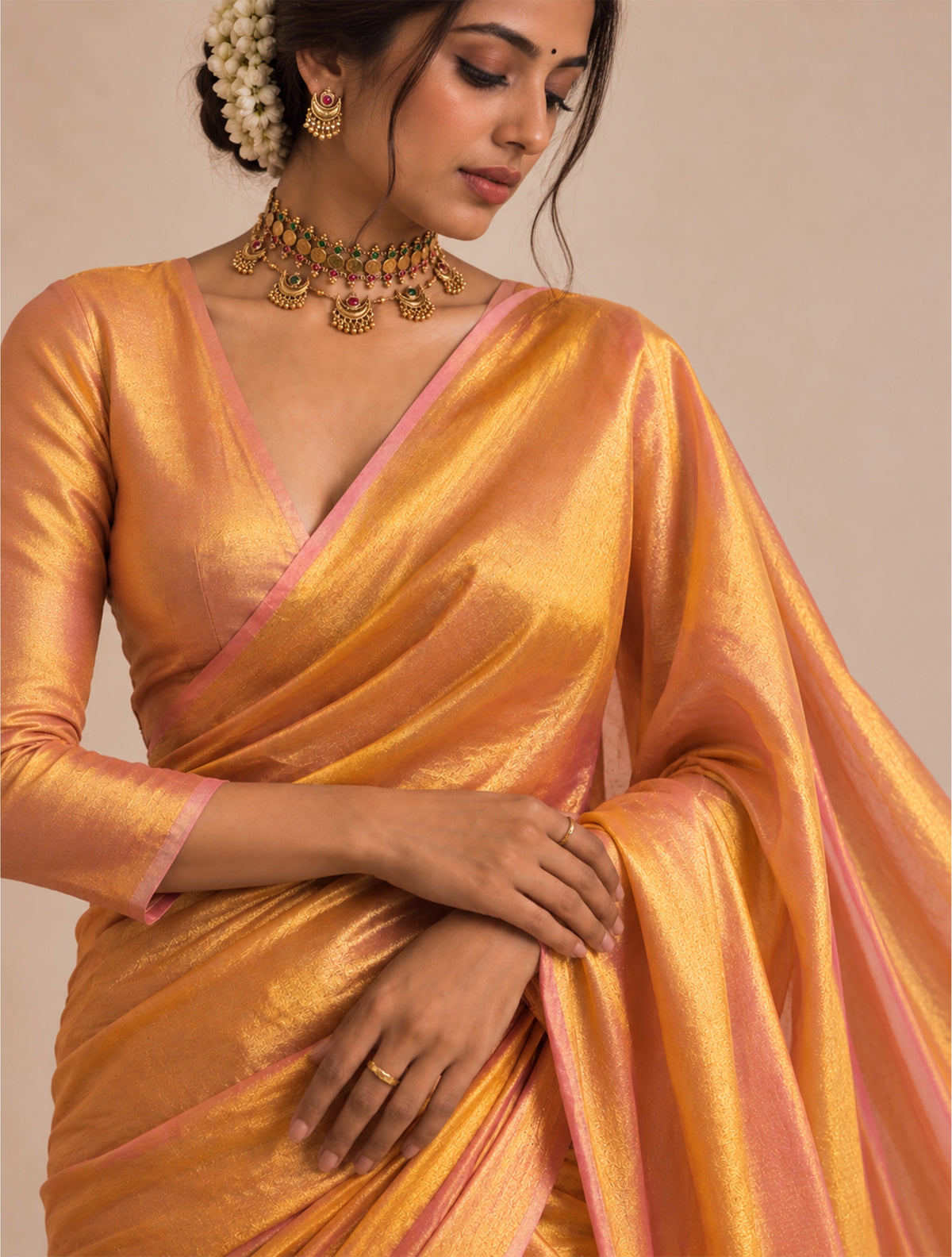 trueBrowns Gold Tissue Handloom Saree With Unstitched Blouse