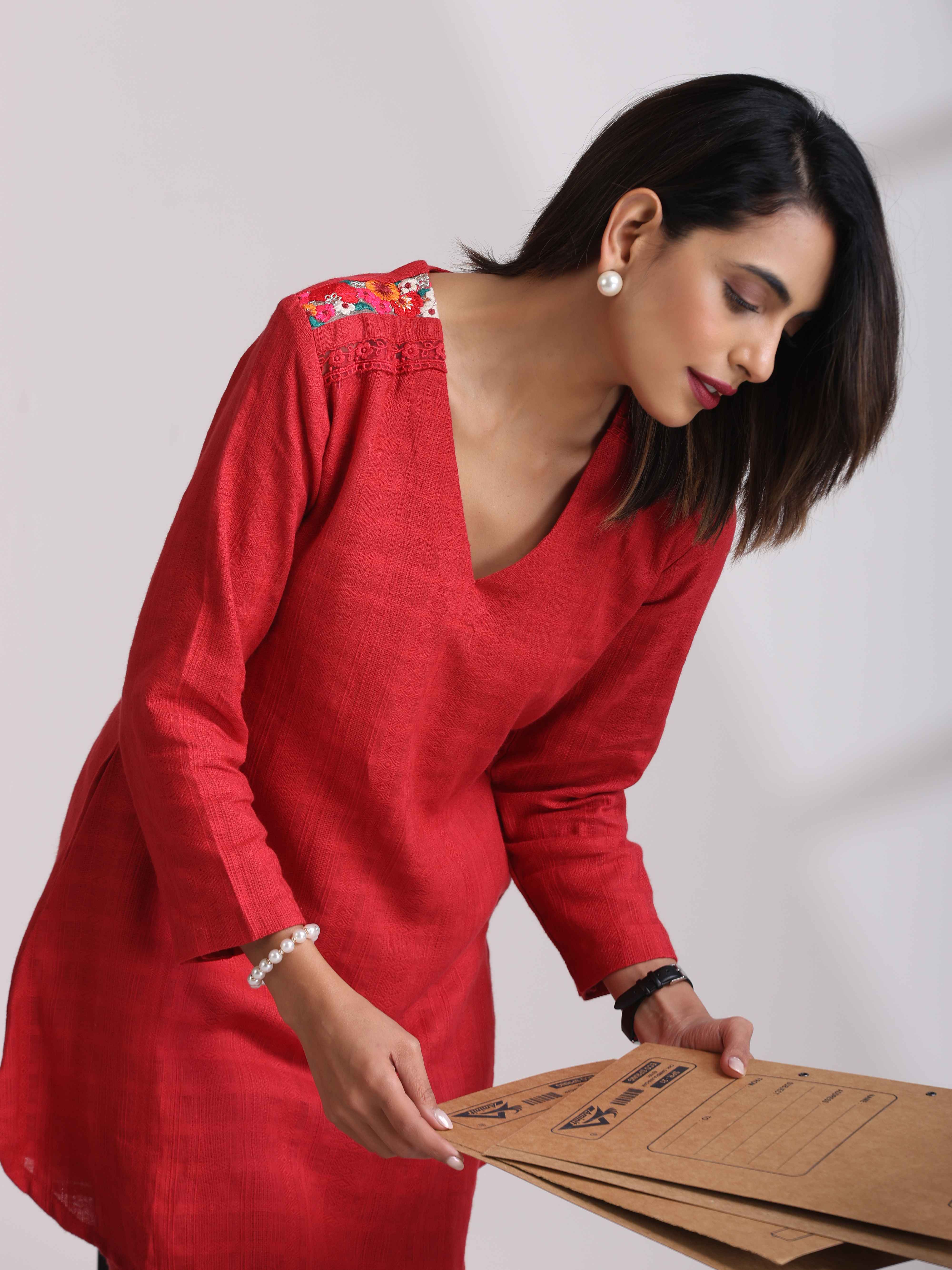 trueBrowns Red Cotton Dobby Co-ord set