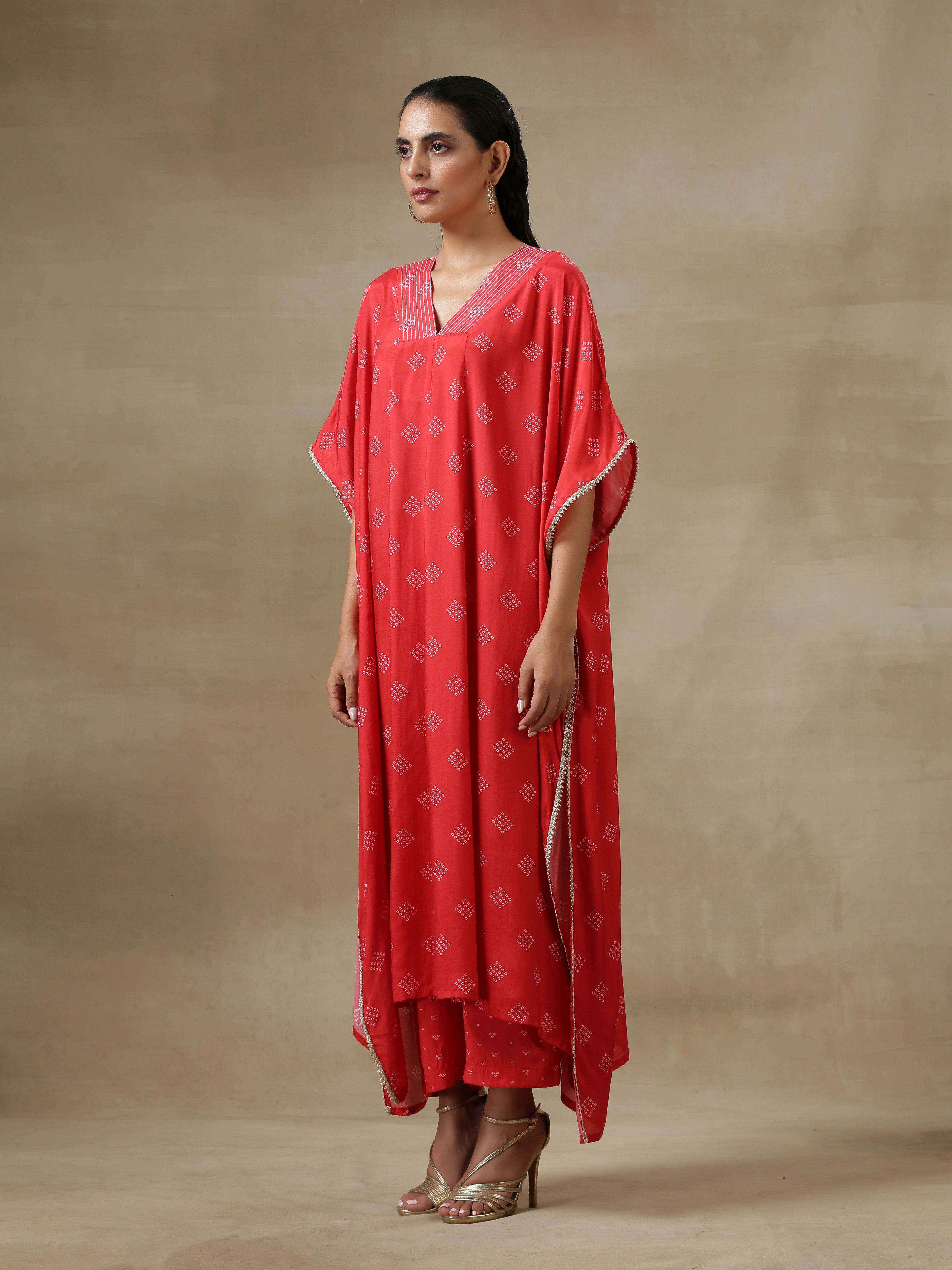 Red Bandhani Printed Silk Panel Kaftan Kurta Pant Set