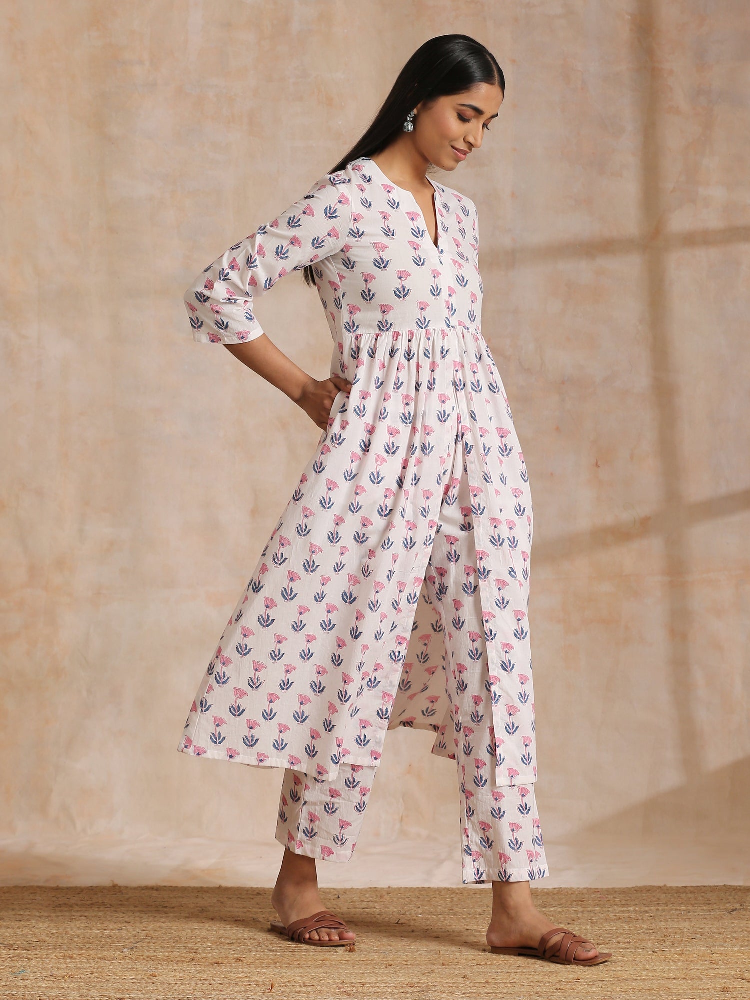 White With Pink Blue Buta Block Print Cotton Kurta Pant Set