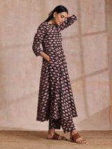 Black Floral Bagru Print Cotton Flared Kurta Pant Set