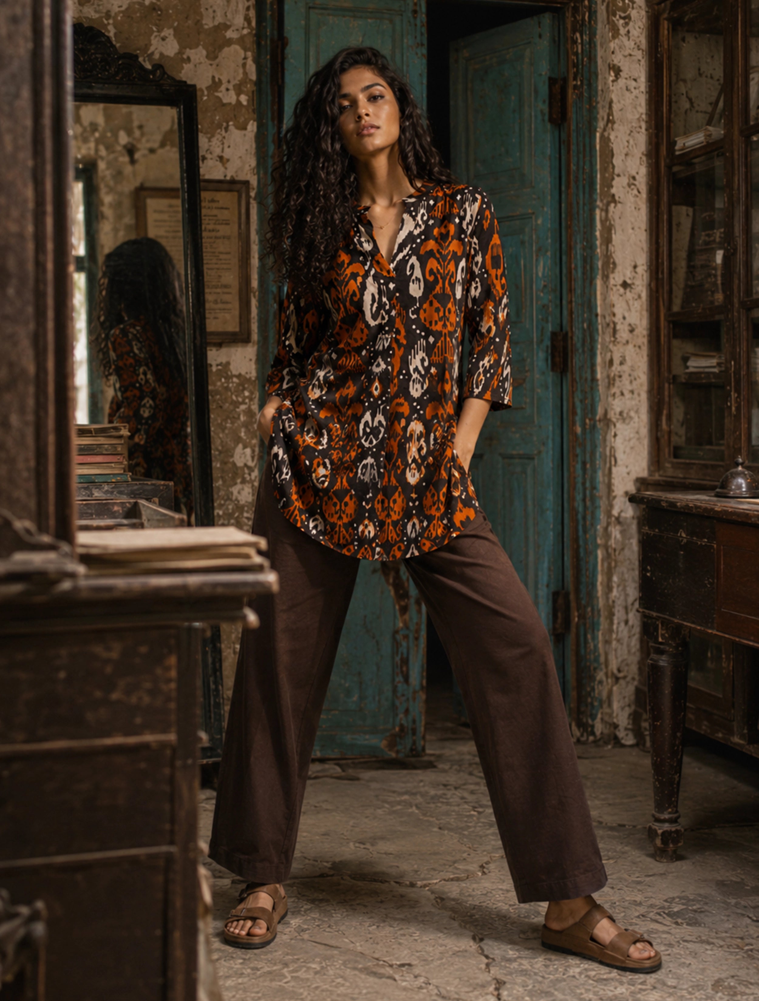 trueBrowns Cola Orange Ikat Print Cotton Co-Ord Set