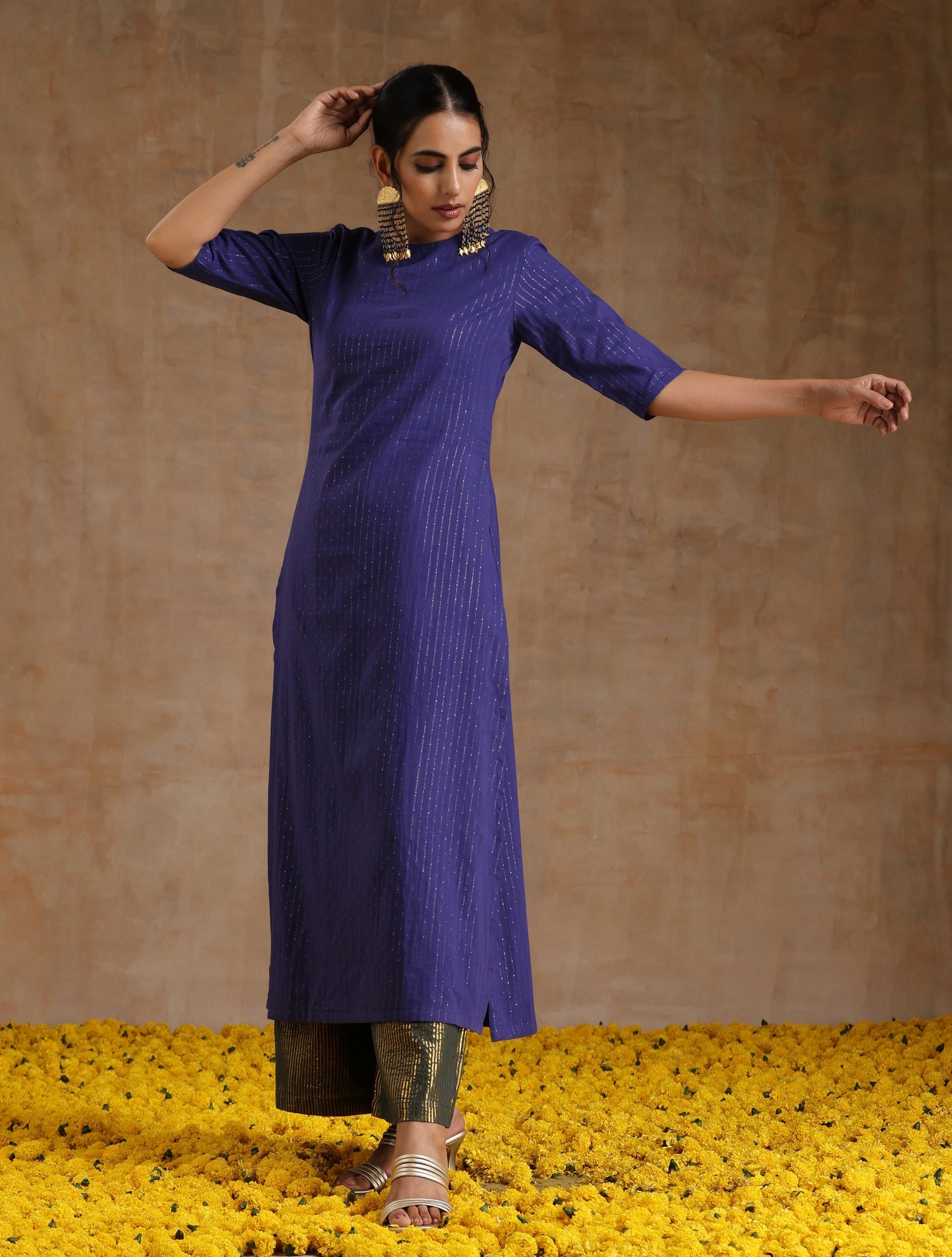 Spectrum Blue Gold Cotton High Slit Kurta Set