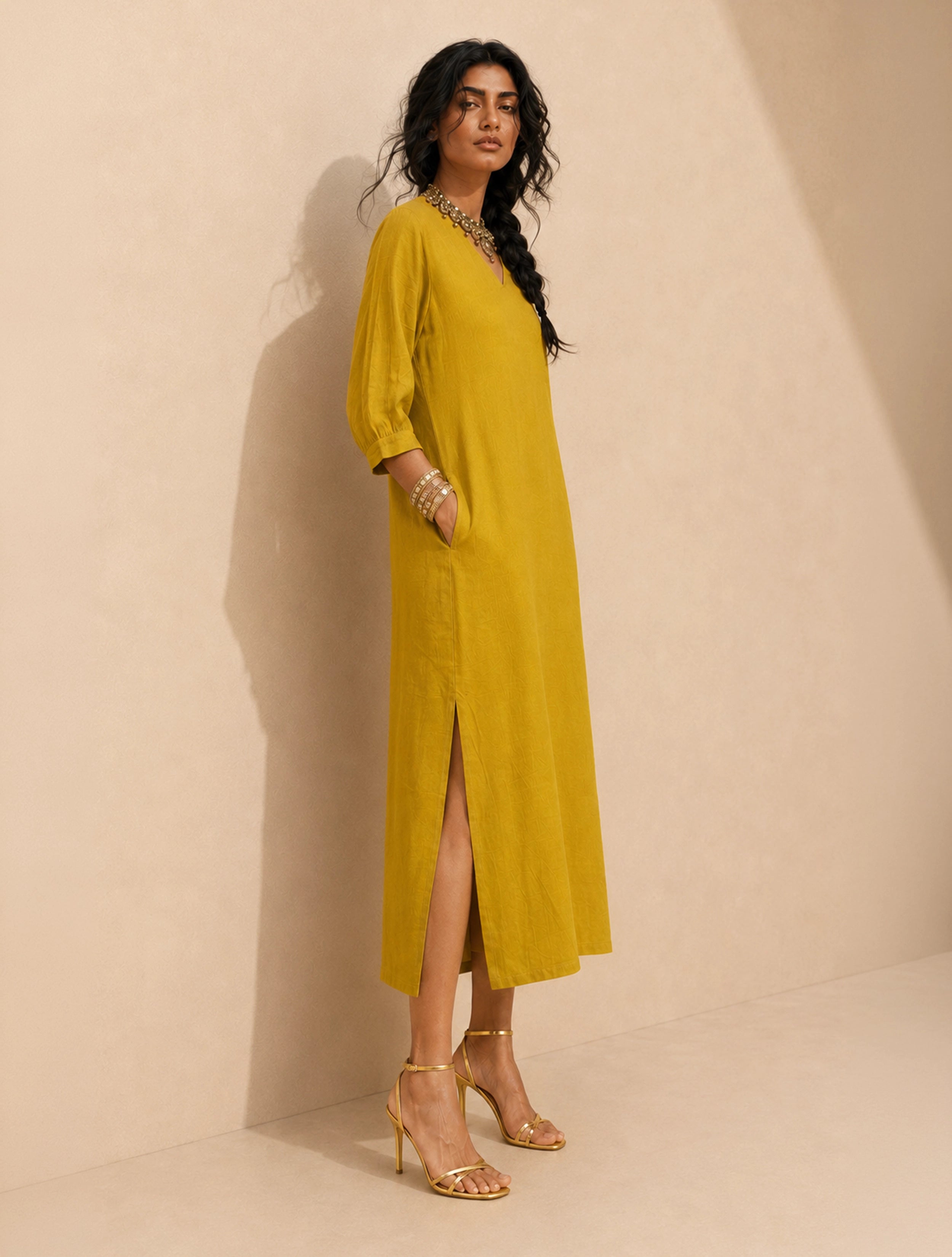 trueBrowns Lime Solid Viscose Long Dress